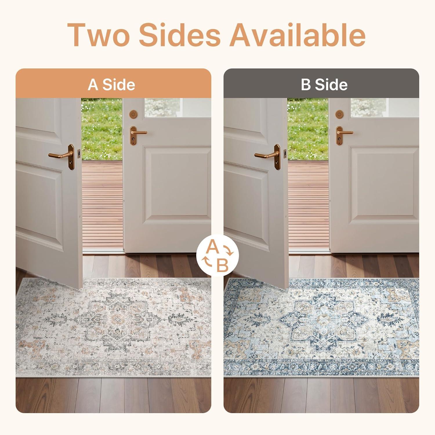 imageGENIMO 8x10 Area Rugs for Living Room Machine Washable Non Slip Rugs Low Pile Lightweight Vintage Print Rug for Bedroom Dining Room Home Office Distressed BlueGreyTaupeblue