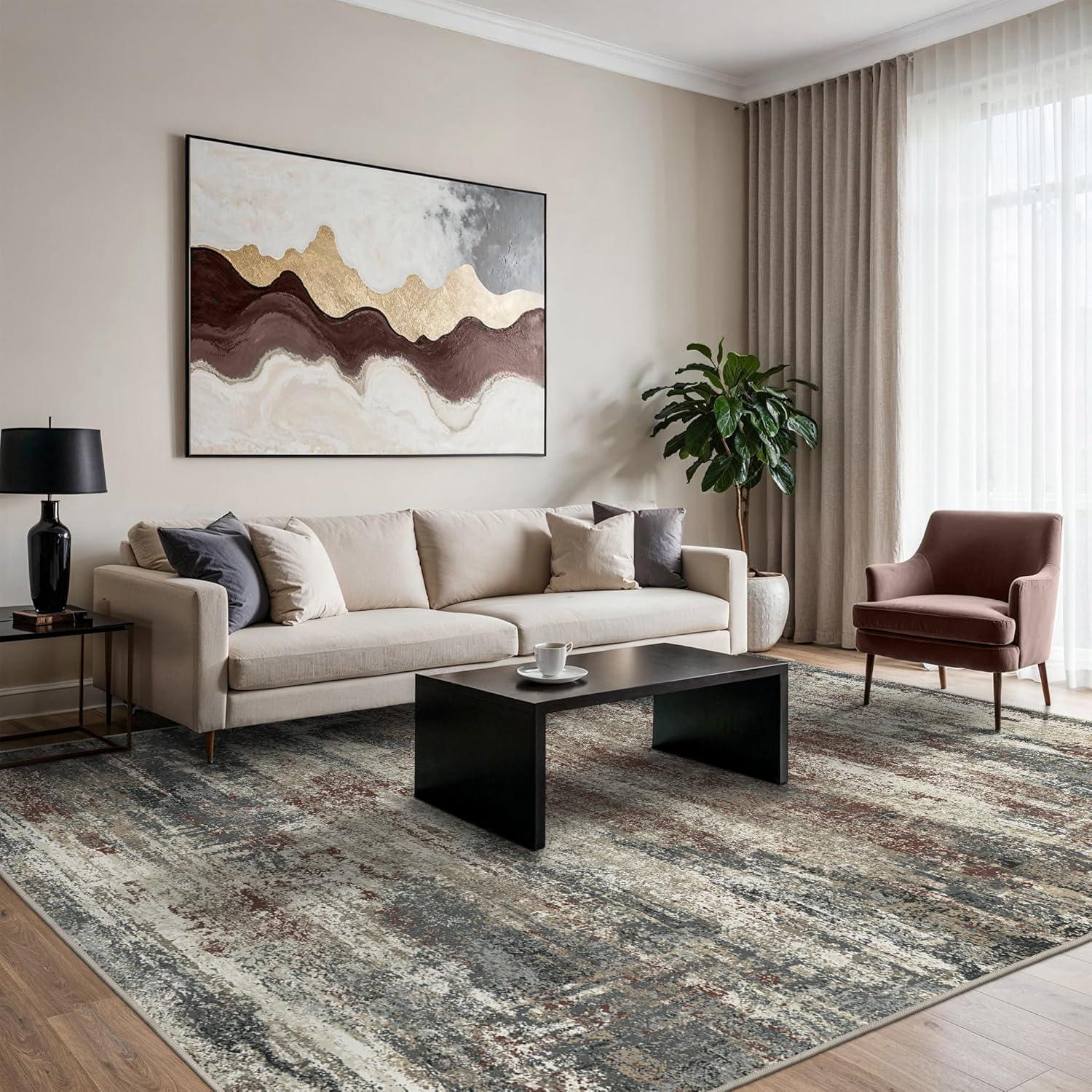 imageGENIMO 8x10 Area Rugs for Living Room Machine Washable Non Slip Rugs Low Pile Lightweight Vintage Print Rug for Bedroom Dining Room Home Office Distressed BlueGreyMystic Forest