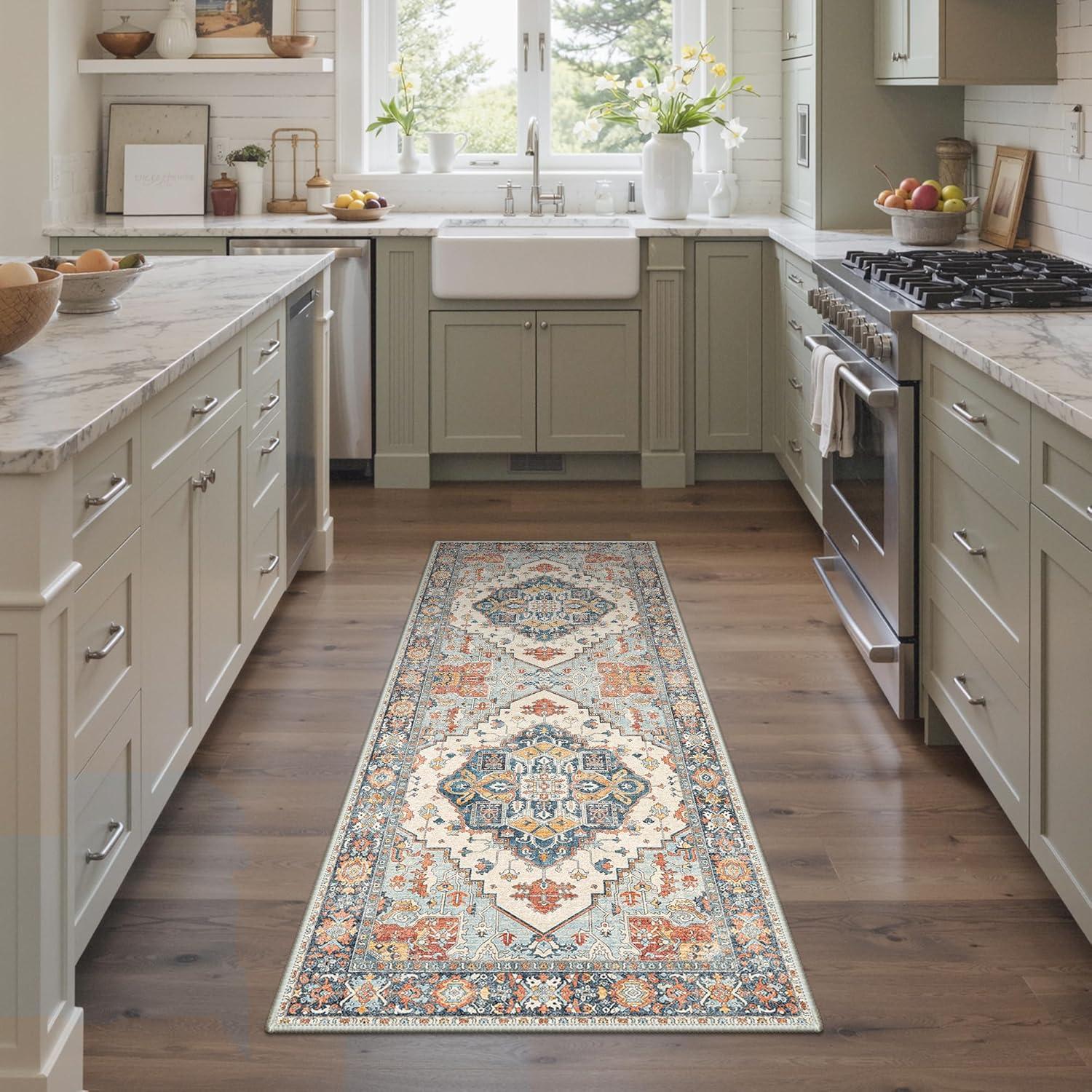 imageGENIMO 8x10 Area Rugs for Living Room Machine Washable Non Slip Rugs Low Pile Lightweight Vintage Print Rug for Bedroom Dining Room Home Office Distressed BlueGreyVintage BlueAmber