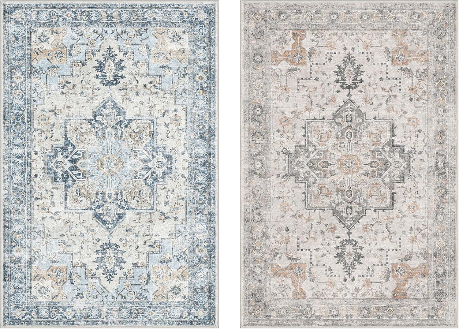 imageGENIMO 8x10 Area Rugs for Living Room Machine Washable Non Slip Rugs Low Pile Lightweight Vintage Print Rug for Bedroom Dining Room Home Office Distressed BlueGreyTaupeblue