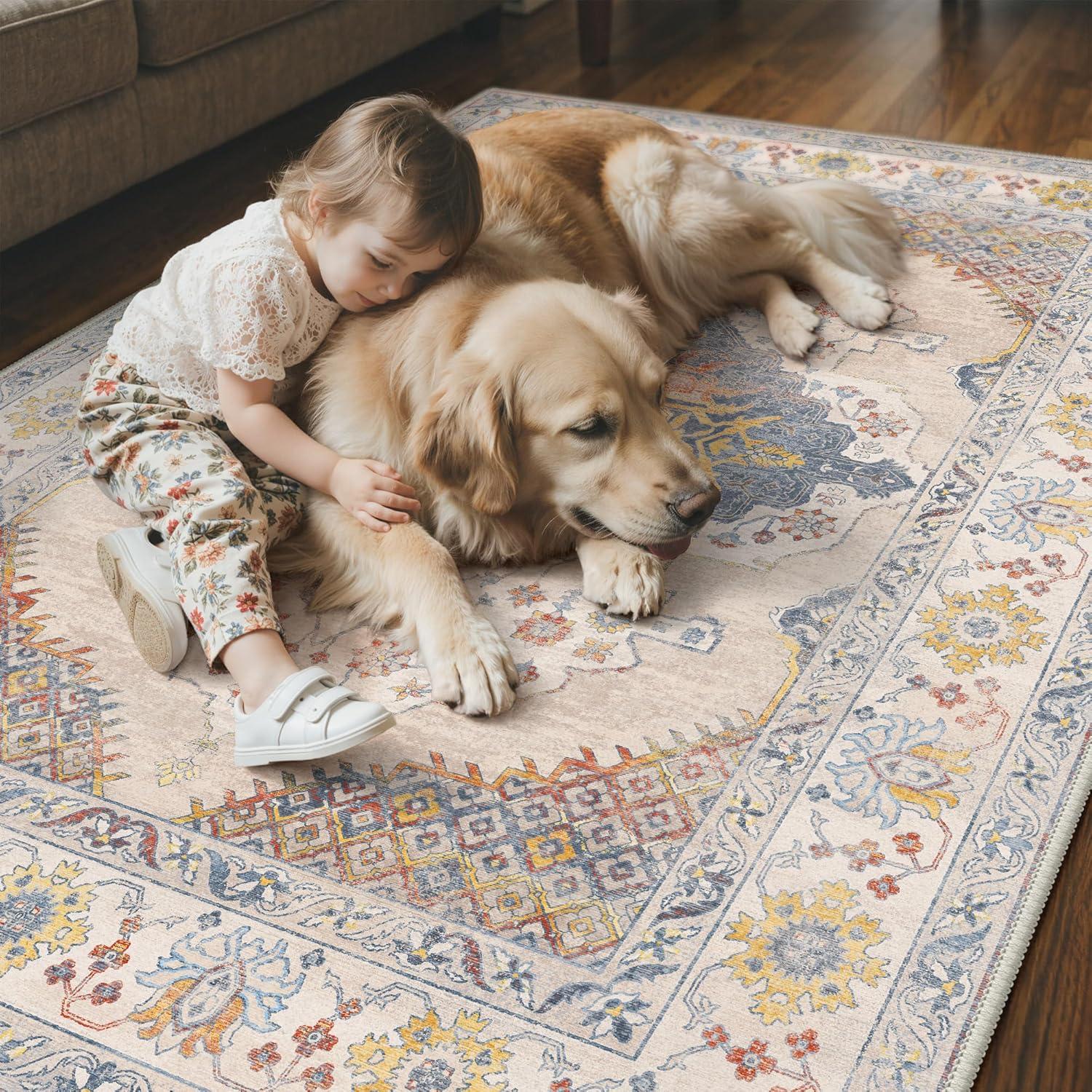 imageGENIMO 8x10 Area Rugs for Living Room Machine Washable Non Slip Rugs Low Pile Lightweight Vintage Print Rug for Bedroom Dining Room Home Office Distressed BlueGreyCreamCenter Blue