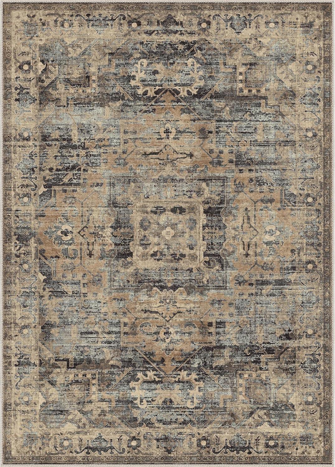 imageGENIMO 8x10 Area Rugs for Living Room Machine Washable Non Slip Rugs Low Pile Lightweight Vintage Print Rug for Bedroom Dining Room Home Office Distressed BlueGreyTawny Sage