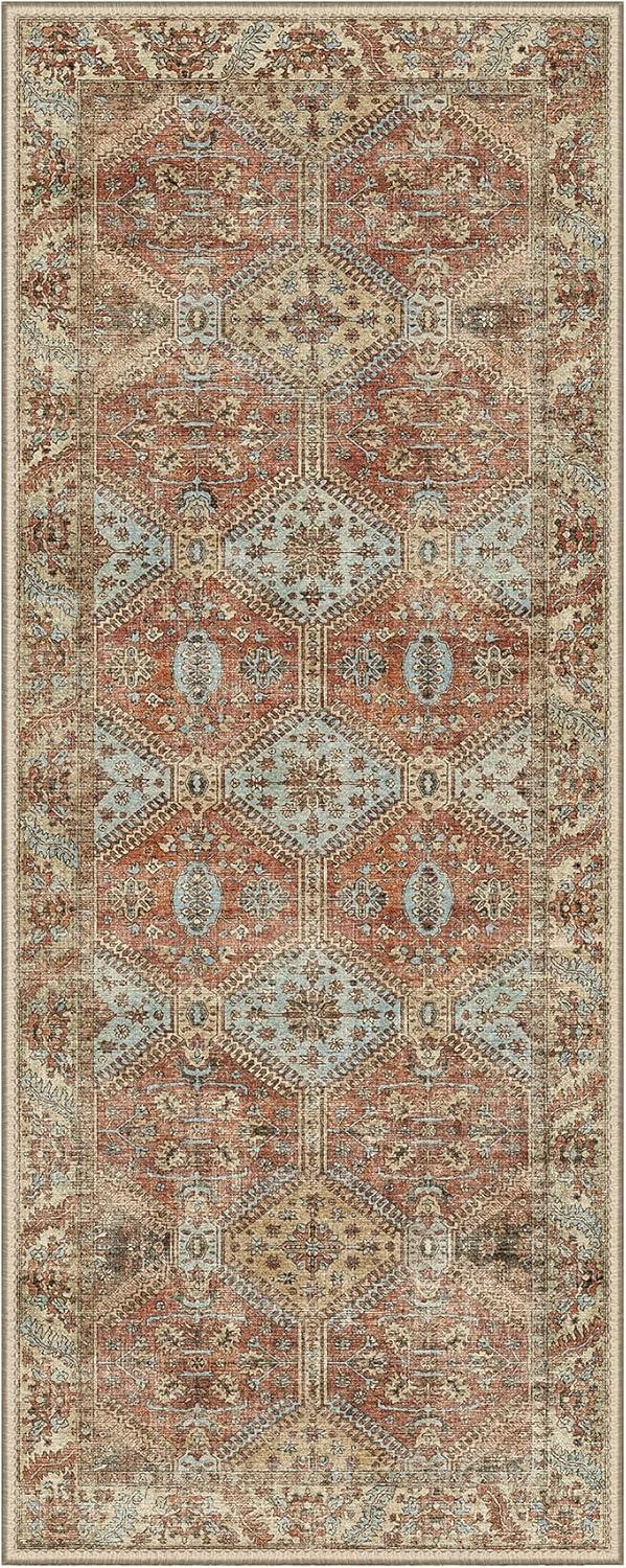imageGENIMO 8x10 Area Rugs for Living Room Machine Washable Non Slip Rugs Low Pile Lightweight Vintage Print Rug for Bedroom Dining Room Home Office Distressed BlueGreyVintage Brick Red