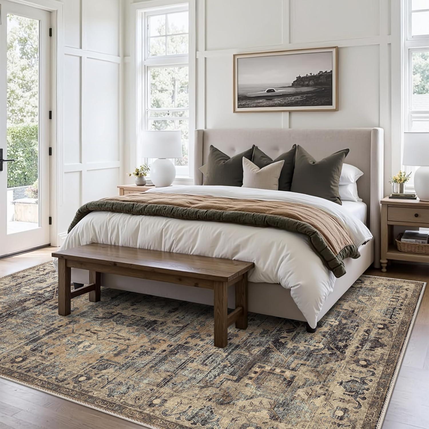 imageGENIMO 8x10 Area Rugs for Living Room Machine Washable Non Slip Rugs Low Pile Lightweight Vintage Print Rug for Bedroom Dining Room Home Office Distressed BlueGreyTawny Sage