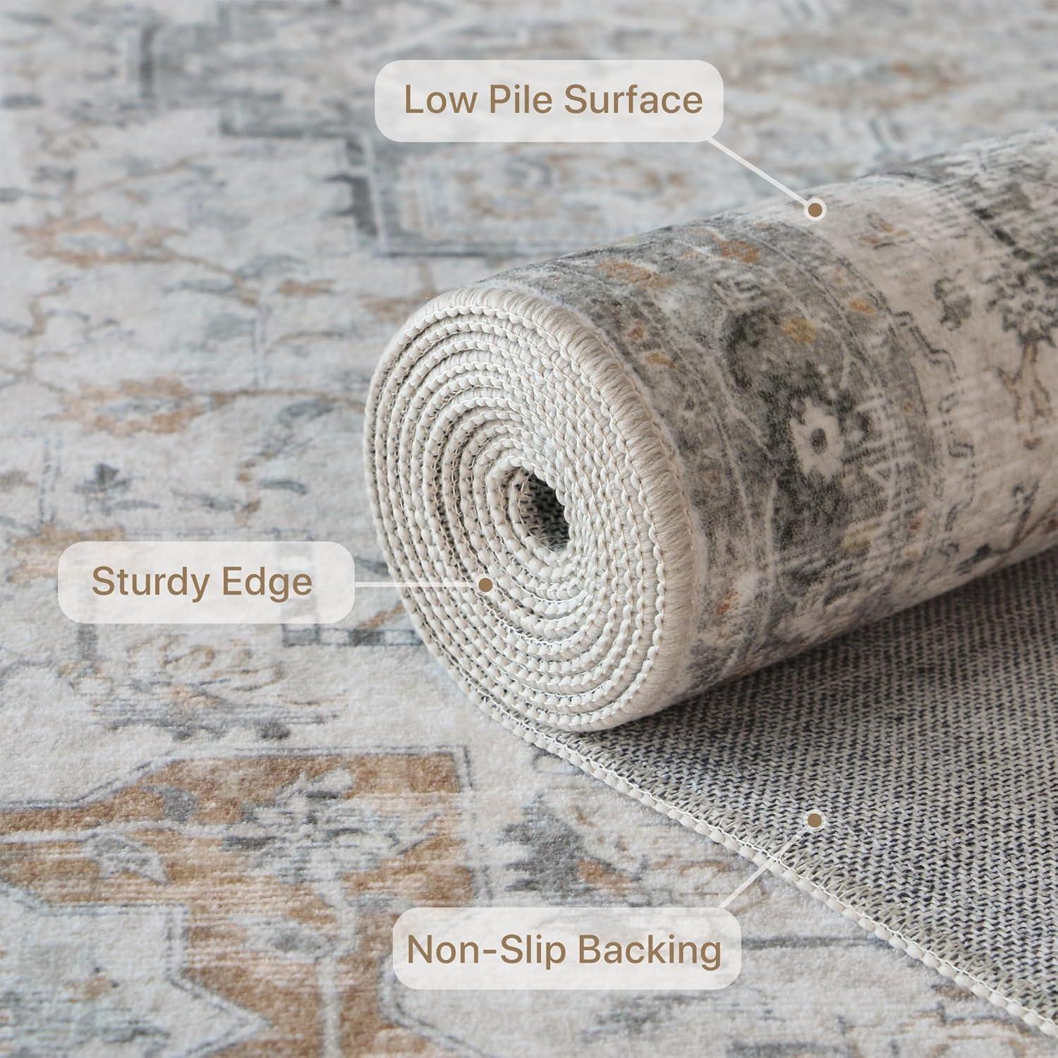imageGENIMO 8x10 Area Rugs for Living Room Machine Washable Non Slip Rugs Low Pile Lightweight Vintage Print Rug for Bedroom Dining Room Home Office Distressed BlueGreyTaupe