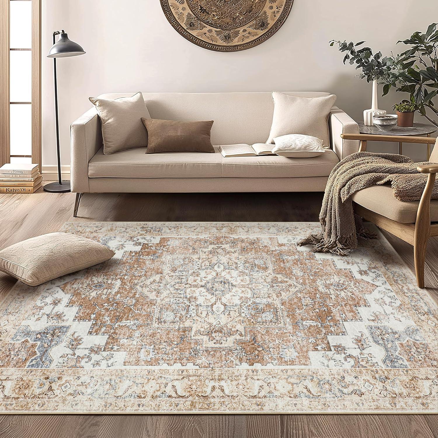 imageGENIMO 8x10 Area Rugs for Living Room Machine Washable Non Slip Rugs Low Pile Lightweight Vintage Print Rug for Bedroom Dining Room Home Office Distressed BlueGreyOrangebeige