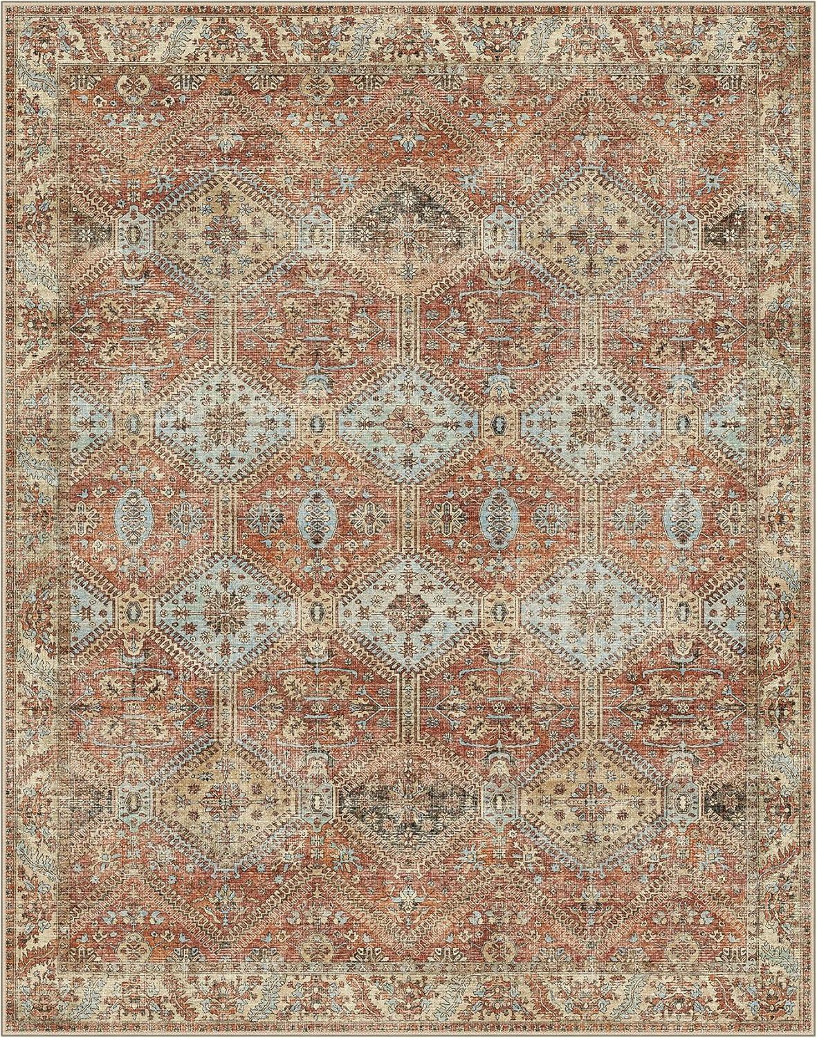 imageGENIMO 8x10 Area Rugs for Living Room Machine Washable Non Slip Rugs Low Pile Lightweight Vintage Print Rug for Bedroom Dining Room Home Office Distressed BlueGreyVintage Brick Red
