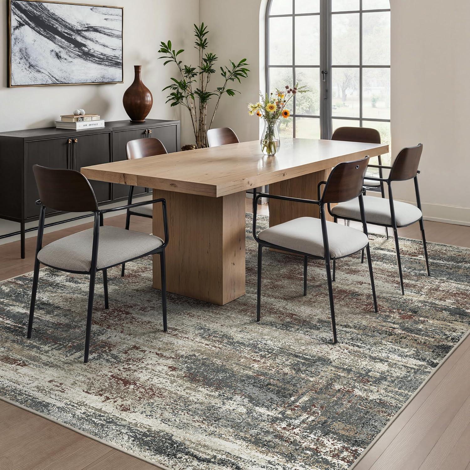 imageGENIMO 8x10 Area Rugs for Living Room Machine Washable Non Slip Rugs Low Pile Lightweight Vintage Print Rug for Bedroom Dining Room Home Office Distressed BlueGreyMystic Forest