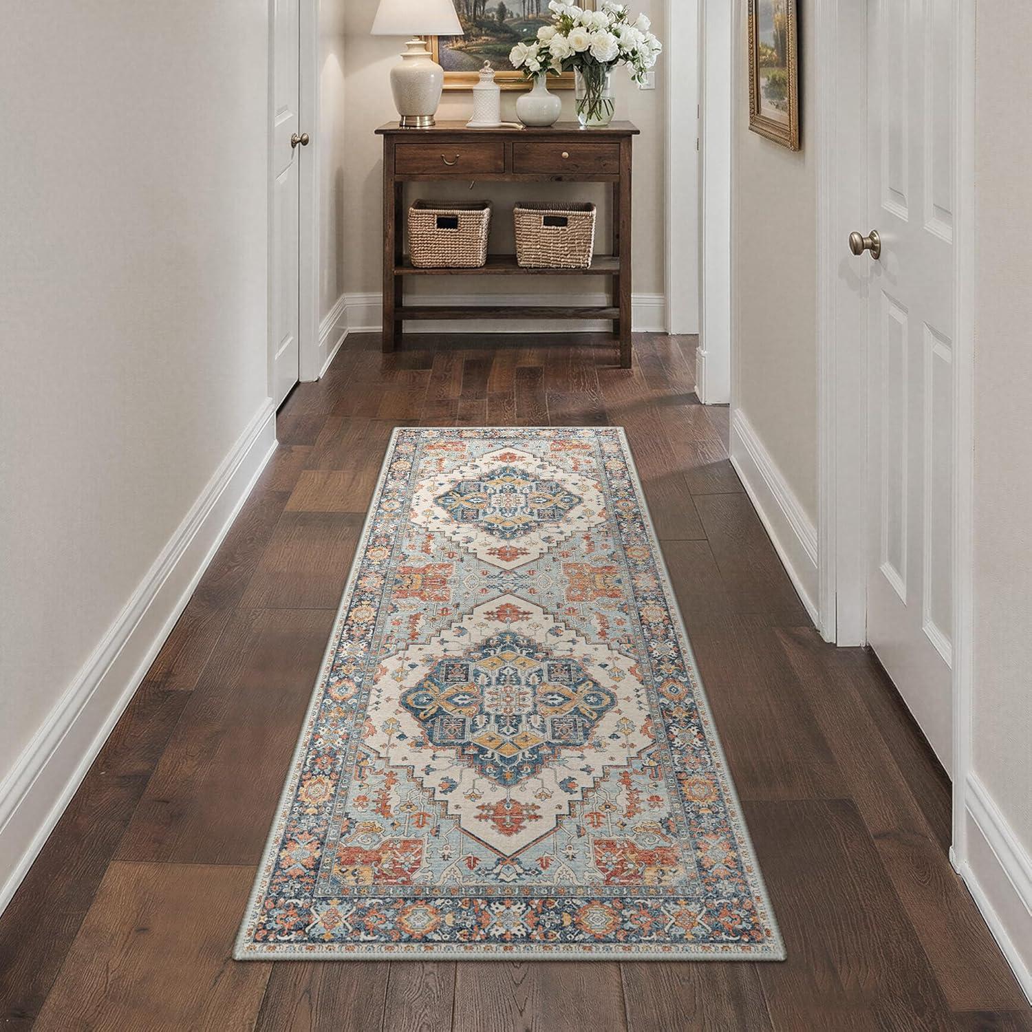 imageGENIMO 8x10 Area Rugs for Living Room Machine Washable Non Slip Rugs Low Pile Lightweight Vintage Print Rug for Bedroom Dining Room Home Office Distressed BlueGreyVintage BlueAmber
