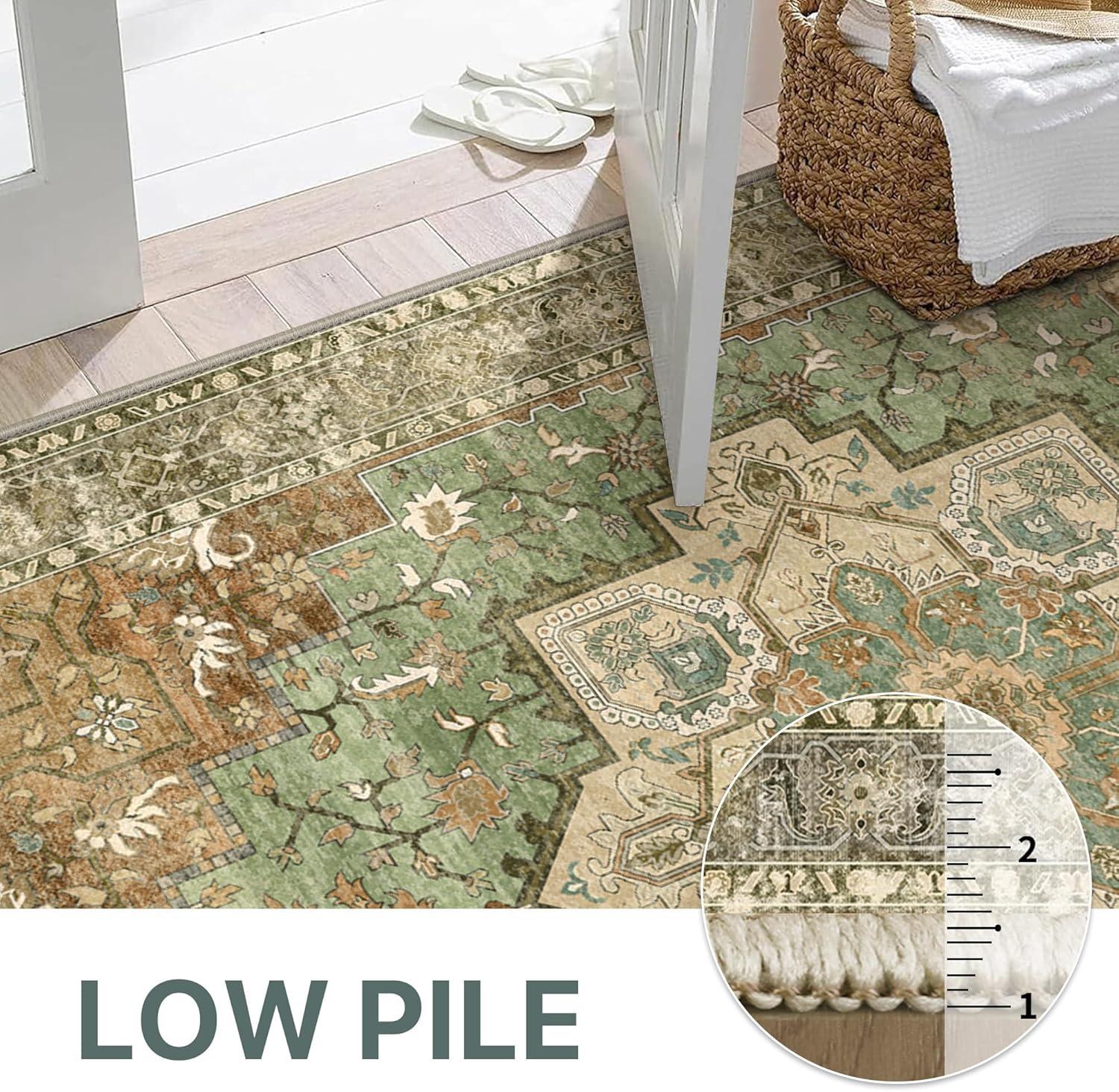imageGENIMO 8x10 Area Rugs for Living Room Machine Washable Non Slip Rugs Low Pile Lightweight Vintage Print Rug for Bedroom Dining Room Home Office Distressed BlueGreyMuted Green Brown