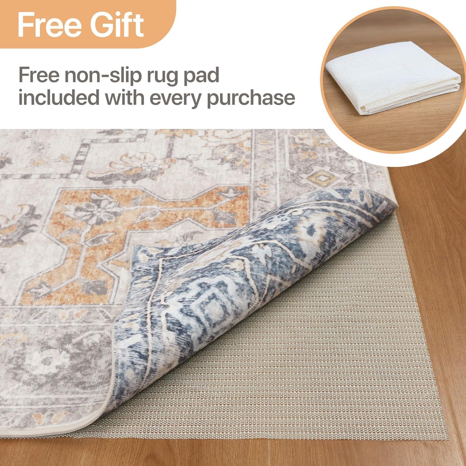 imageGENIMO 8x10 Area Rugs for Living Room Machine Washable Non Slip Rugs Low Pile Lightweight Vintage Print Rug for Bedroom Dining Room Home Office Distressed BlueGreyTaupeblue
