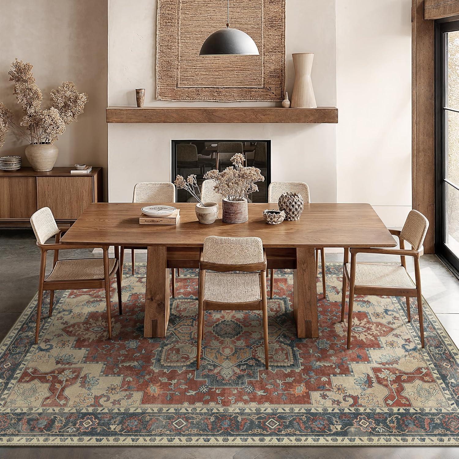 imageGENIMO 8x10 Area Rugs for Living Room Machine Washable Non Slip Rugs Low Pile Lightweight Vintage Print Rug for Bedroom Dining Room Home Office Distressed BlueGreyBordeaux