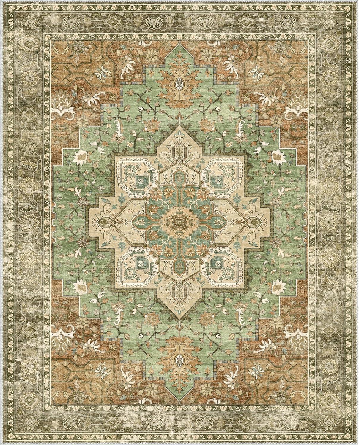 imageGENIMO 8x10 Area Rugs for Living Room Machine Washable Non Slip Rugs Low Pile Lightweight Vintage Print Rug for Bedroom Dining Room Home Office Distressed BlueGreyMuted Green Brown