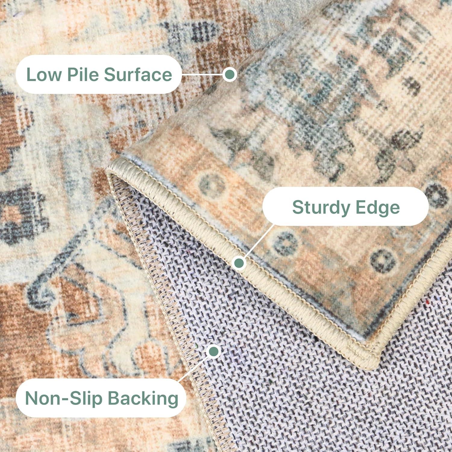 imageGENIMO 8x10 Area Rugs for Living Room Machine Washable Non Slip Rugs Low Pile Lightweight Vintage Print Rug for Bedroom Dining Room Home Office Distressed BlueGreyLight Brown Pink