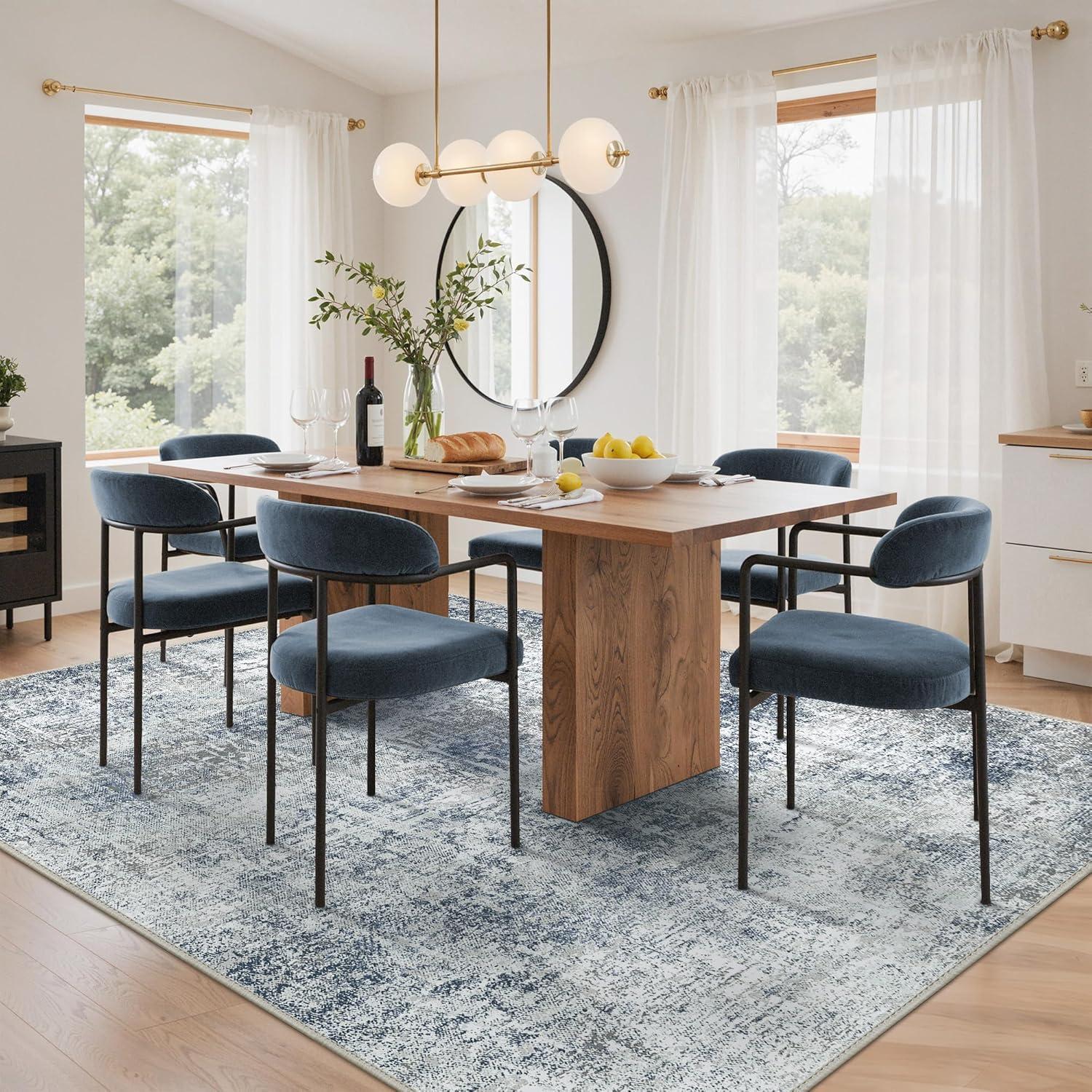 imageGENIMO 8x10 Area Rugs for Living Room Machine Washable Non Slip Rugs Low Pile Lightweight Vintage Print Rug for Bedroom Dining Room Home Office Distressed BlueGreyWashed Light Denim Blue