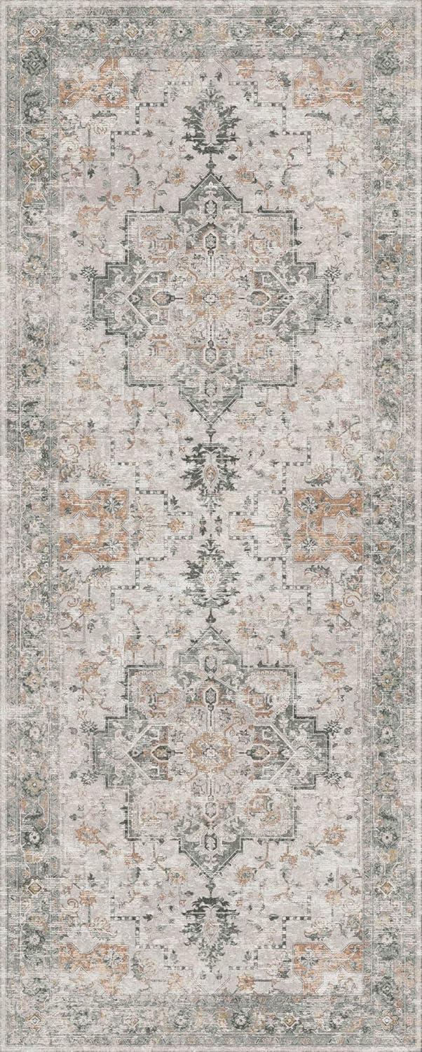 imageGENIMO 8x10 Area Rugs for Living Room Machine Washable Non Slip Rugs Low Pile Lightweight Vintage Print Rug for Bedroom Dining Room Home Office Distressed BlueGreyTaupe