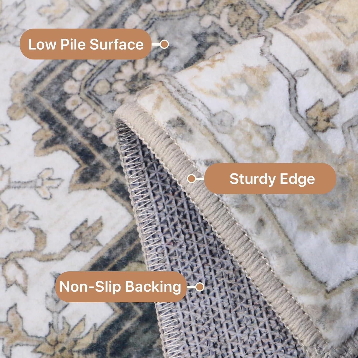 imageGENIMO 8x10 Area Rugs for Living Room Machine Washable Non Slip Rugs Low Pile Lightweight Vintage Print Rug for Bedroom Dining Room Home Office Distressed BlueGreyHeathered Grey