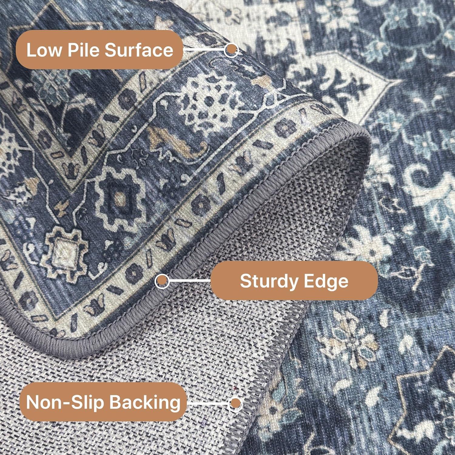 imageGENIMO 8x10 Area Rugs for Living Room Machine Washable Non Slip Rugs Low Pile Lightweight Vintage Print Rug for Bedroom Dining Room Home Office Distressed BlueGreyCenter Blue