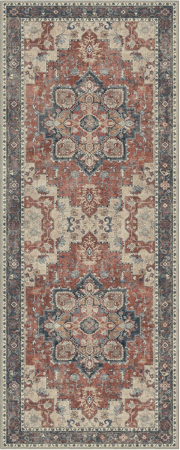imageGENIMO 8x10 Area Rugs for Living Room Machine Washable Non Slip Rugs Low Pile Lightweight Vintage Print Rug for Bedroom Dining Room Home Office Distressed BlueGreyBordeaux