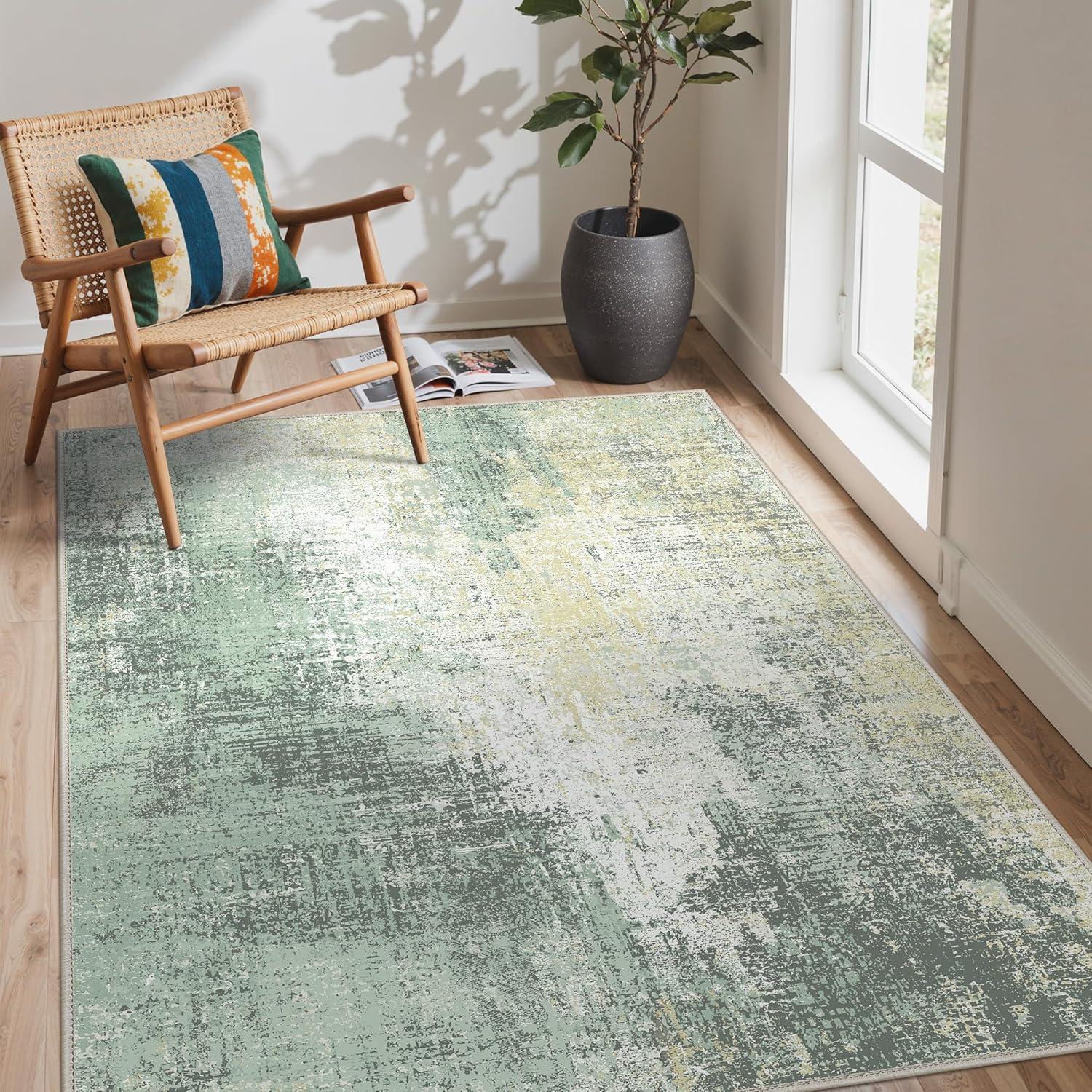 imageGENIMO 8x10 Area Rugs for Living Room Machine Washable Non Slip Rugs Low Pile Lightweight Vintage Print Rug for Bedroom Dining Room Home Office Distressed BlueGreyWashed Cream Green