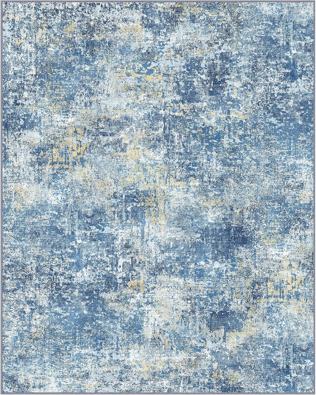 imageGENIMO 8x10 Area Rugs for Living Room Machine Washable Non Slip Rugs Low Pile Lightweight Vintage Print Rug for Bedroom Dining Room Home Office Distressed BlueGreyTrue Blue