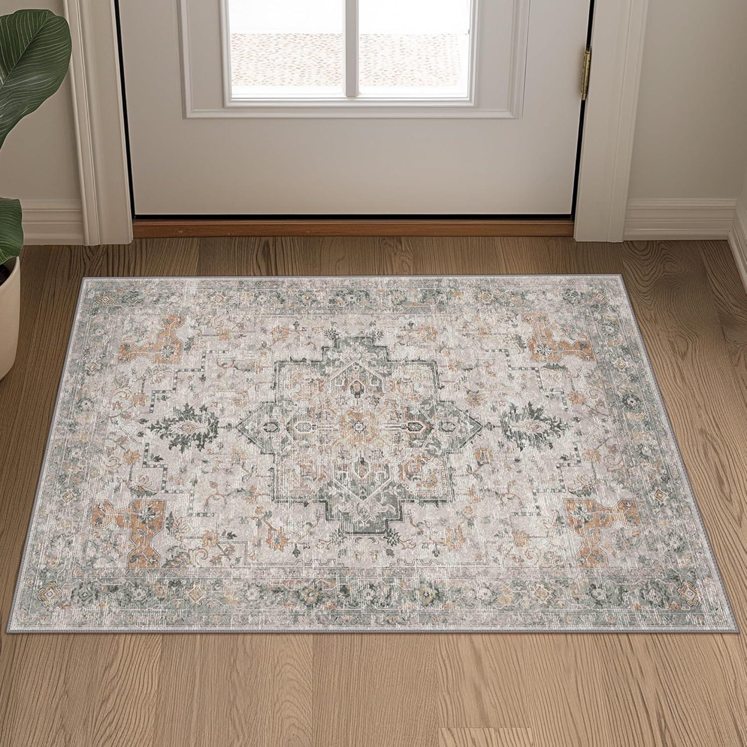 imageGENIMO 8x10 Area Rugs for Living Room Machine Washable Non Slip Rugs Low Pile Lightweight Vintage Print Rug for Bedroom Dining Room Home Office Distressed BlueGreyTaupe