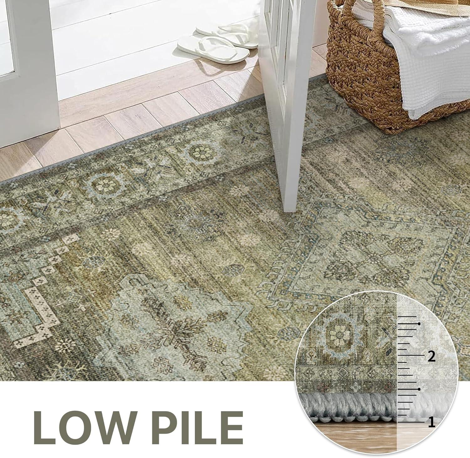 imageGENIMO 8x10 Area Rugs for Living Room Machine Washable Non Slip Rugs Low Pile Lightweight Vintage Print Rug for Bedroom Dining Room Home Office Distressed BlueGreyDistressed Sage