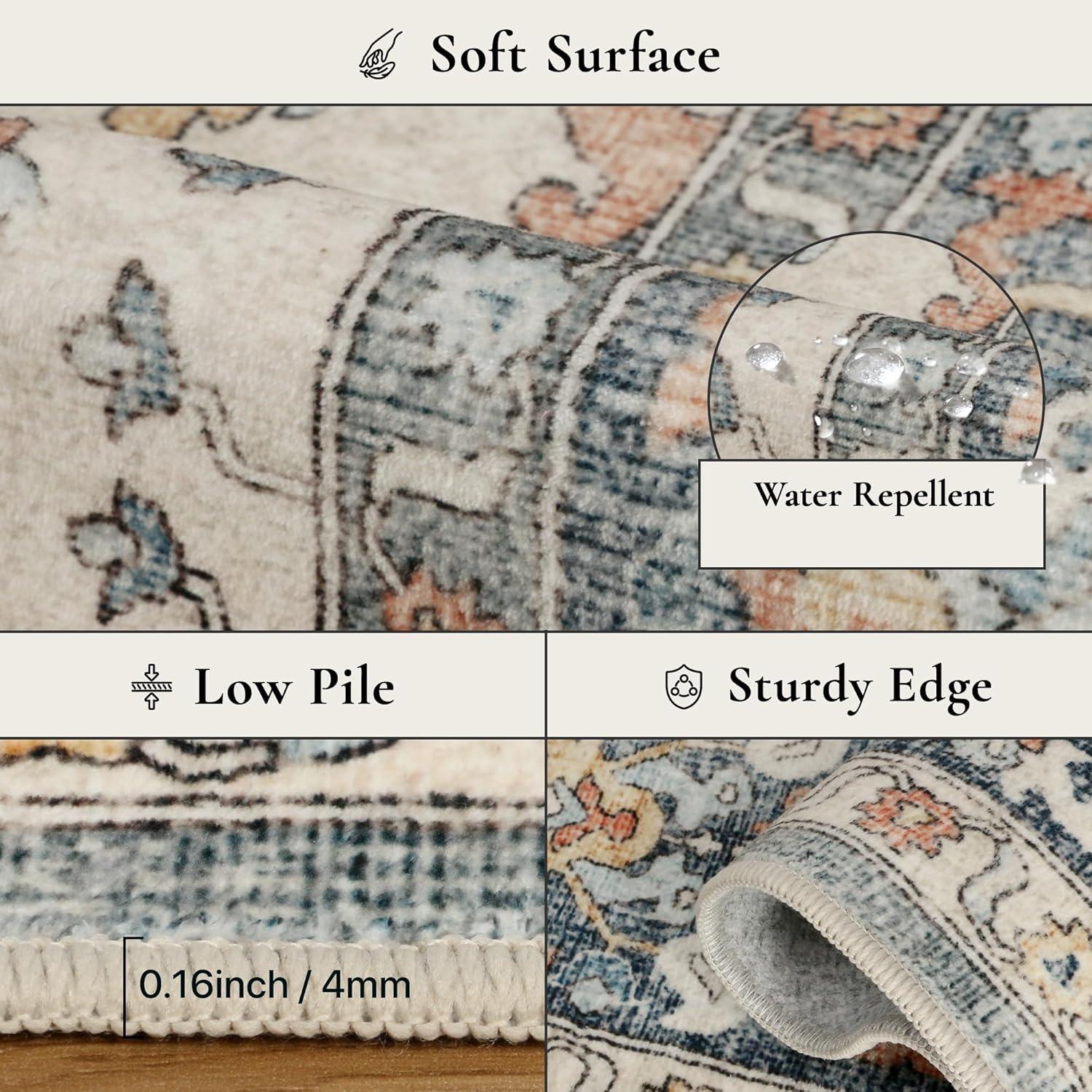 imageGENIMO 8x10 Area Rugs for Living Room Machine Washable Non Slip Rugs Low Pile Lightweight Vintage Print Rug for Bedroom Dining Room Home Office Distressed BlueGreyVintage BlueAmber