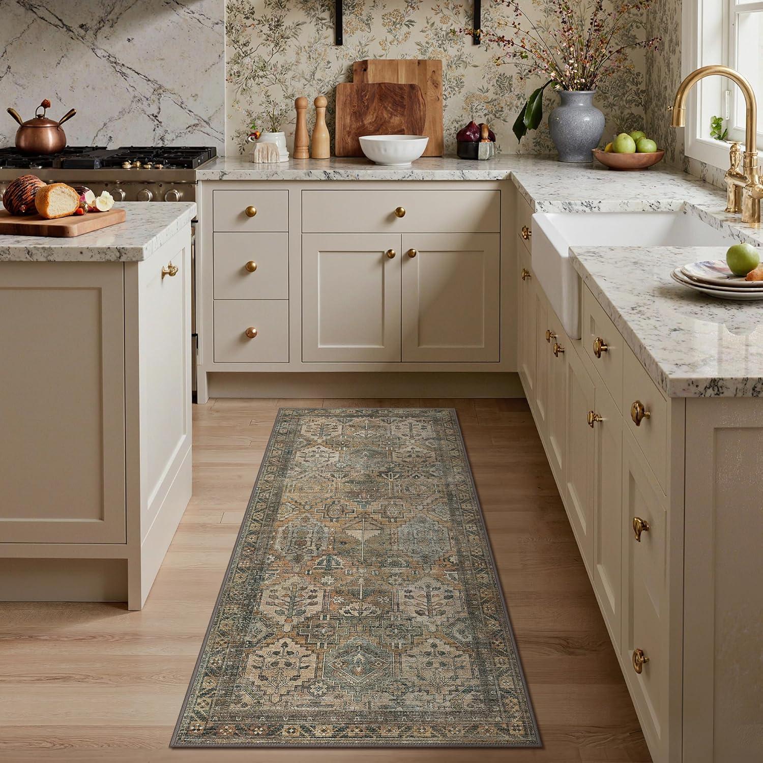 imageGENIMO 8x10 Area Rugs for Living Room Machine Washable Non Slip Rugs Low Pile Lightweight Vintage Print Rug for Bedroom Dining Room Home Office Distressed BlueGreyWarm Taupe
