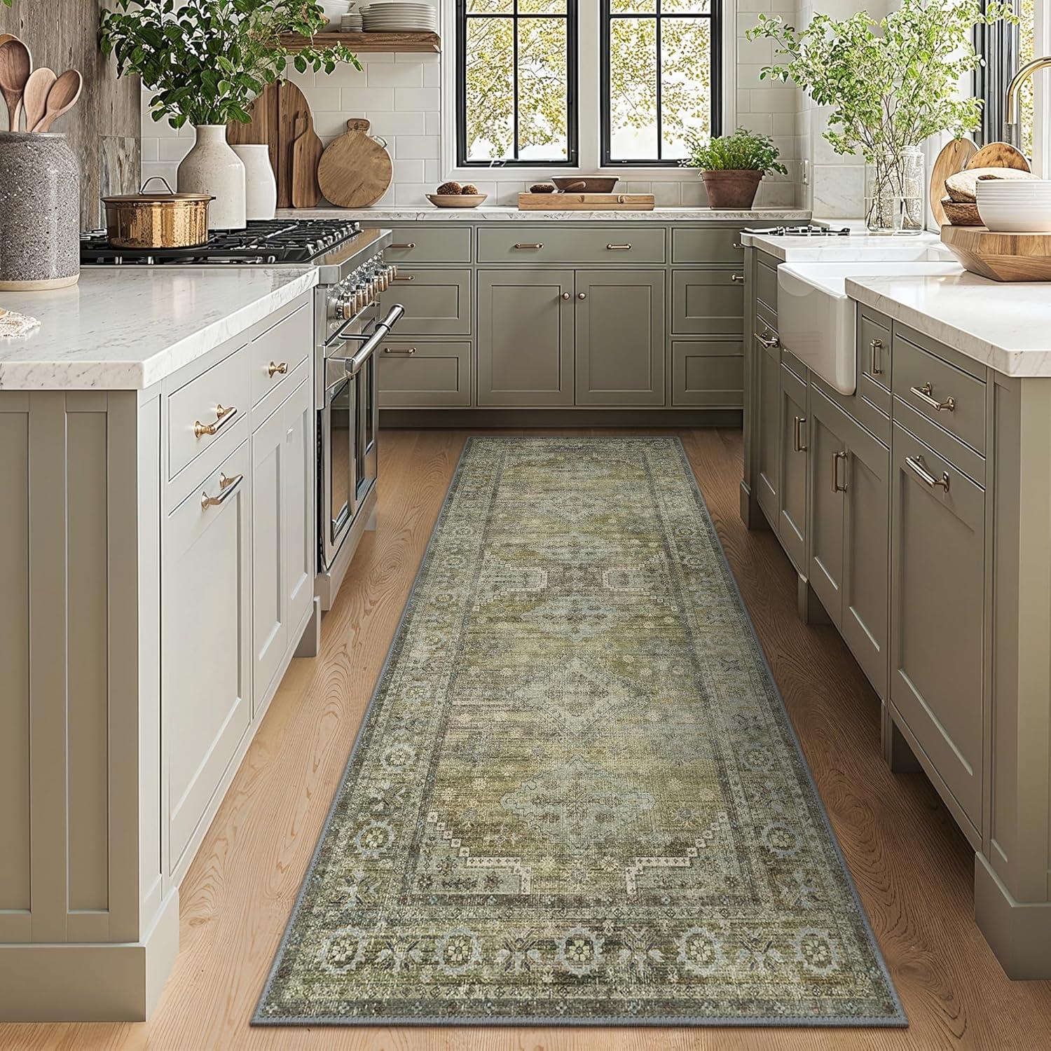 imageGENIMO 8x10 Area Rugs for Living Room Machine Washable Non Slip Rugs Low Pile Lightweight Vintage Print Rug for Bedroom Dining Room Home Office Distressed BlueGreyDistressed Sage