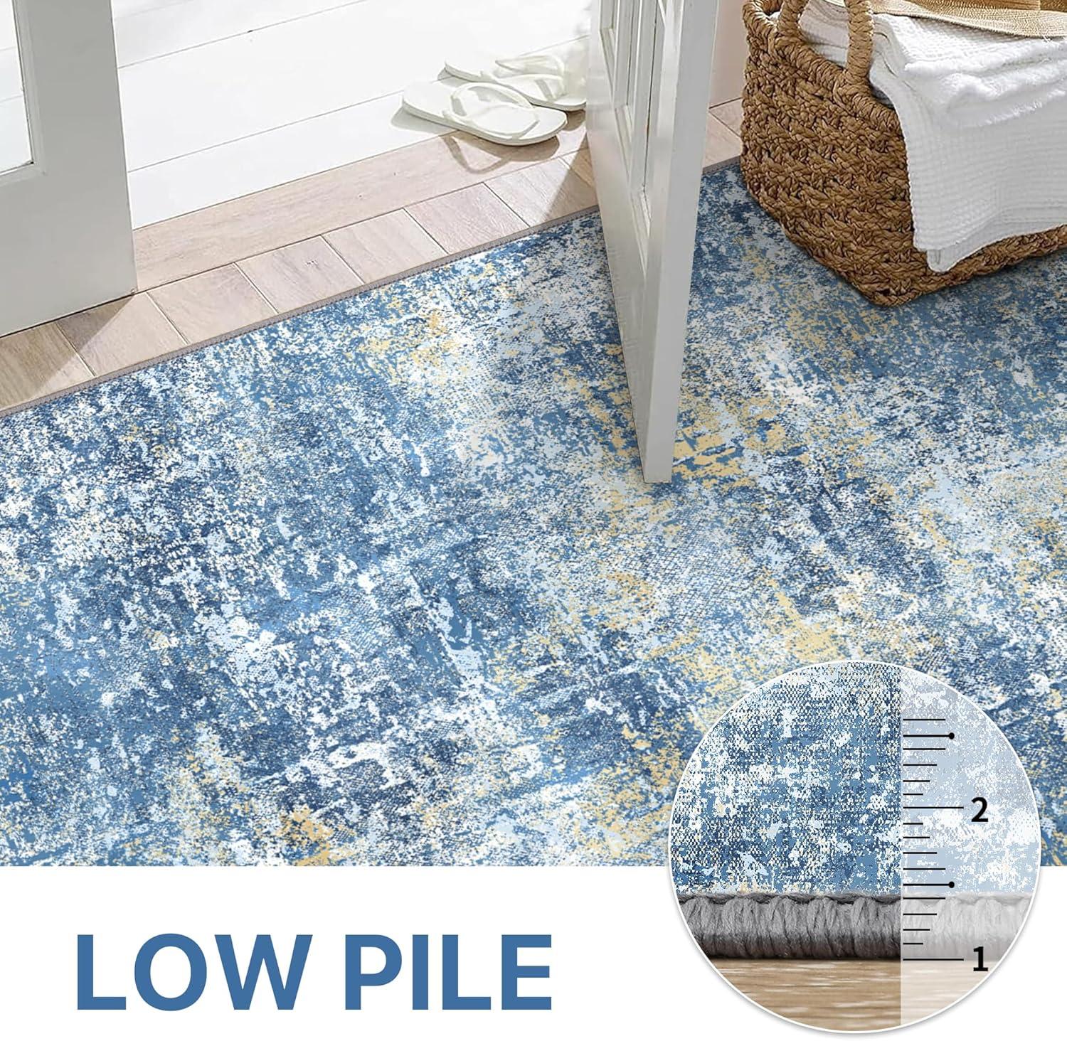 imageGENIMO 8x10 Area Rugs for Living Room Machine Washable Non Slip Rugs Low Pile Lightweight Vintage Print Rug for Bedroom Dining Room Home Office Distressed BlueGreyTrue Blue