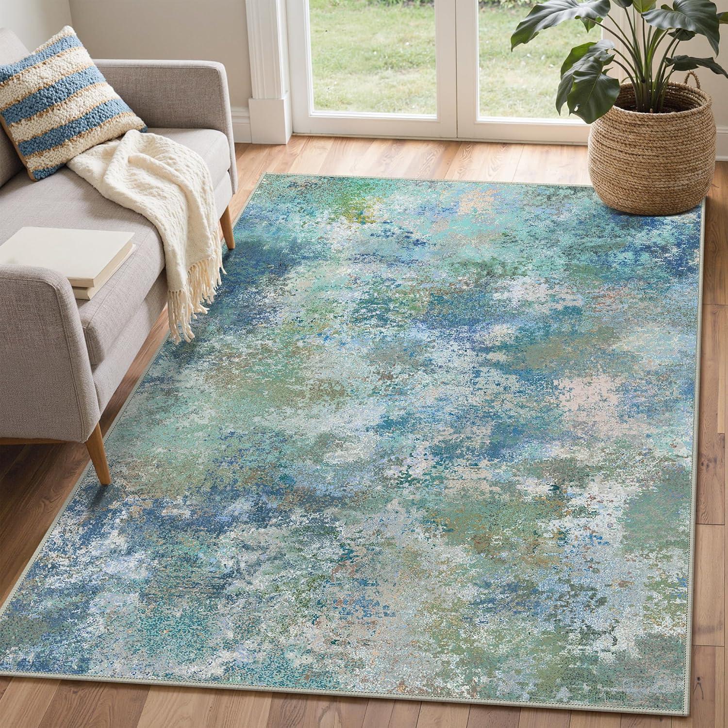 imageGENIMO 8x10 Area Rugs for Living Room Machine Washable Non Slip Rugs Low Pile Lightweight Vintage Print Rug for Bedroom Dining Room Home Office Distressed BlueGreyAquamarineBlue Green