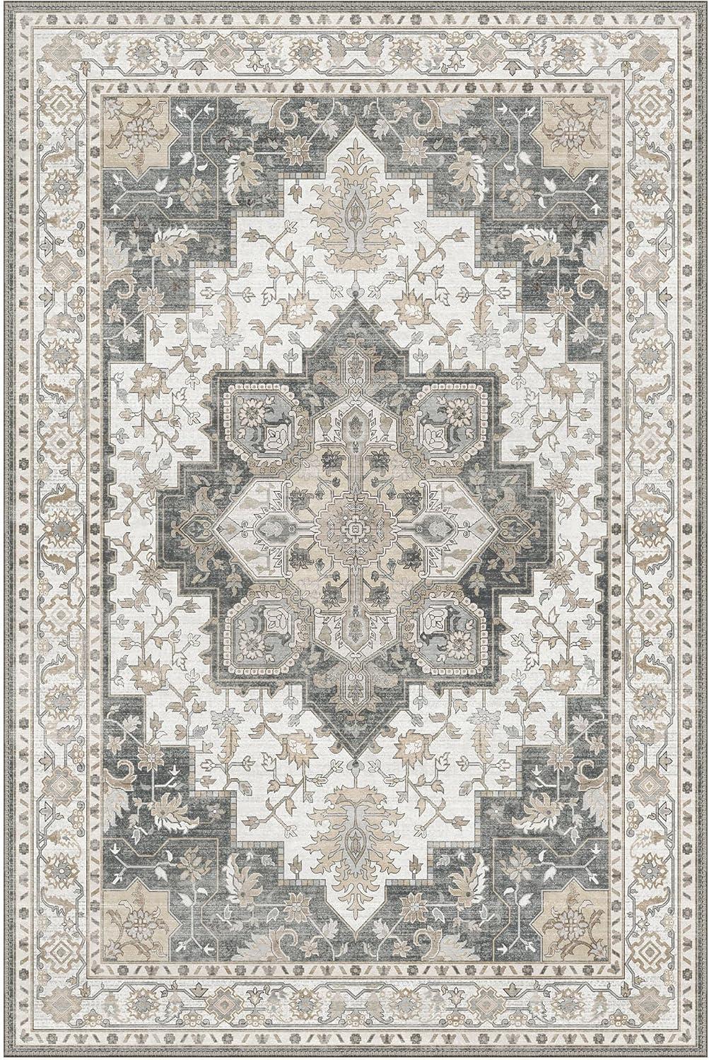 imageGENIMO 8x10 Area Rugs for Living Room Machine Washable Non Slip Rugs Low Pile Lightweight Vintage Print Rug for Bedroom Dining Room Home Office Distressed BlueGreyHeathered Grey