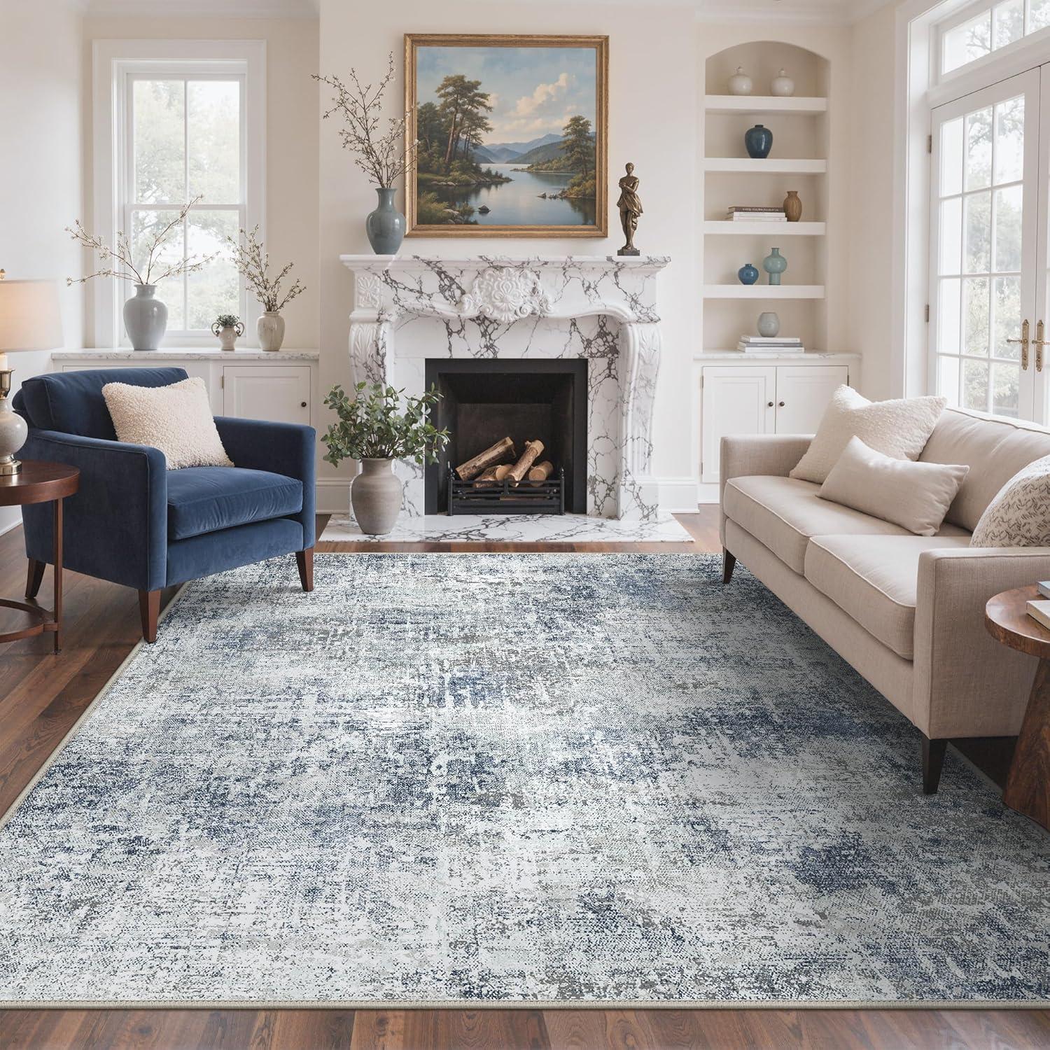 imageGENIMO 8x10 Area Rugs for Living Room Machine Washable Non Slip Rugs Low Pile Lightweight Vintage Print Rug for Bedroom Dining Room Home Office Distressed BlueGreyWashed Light Denim Blue