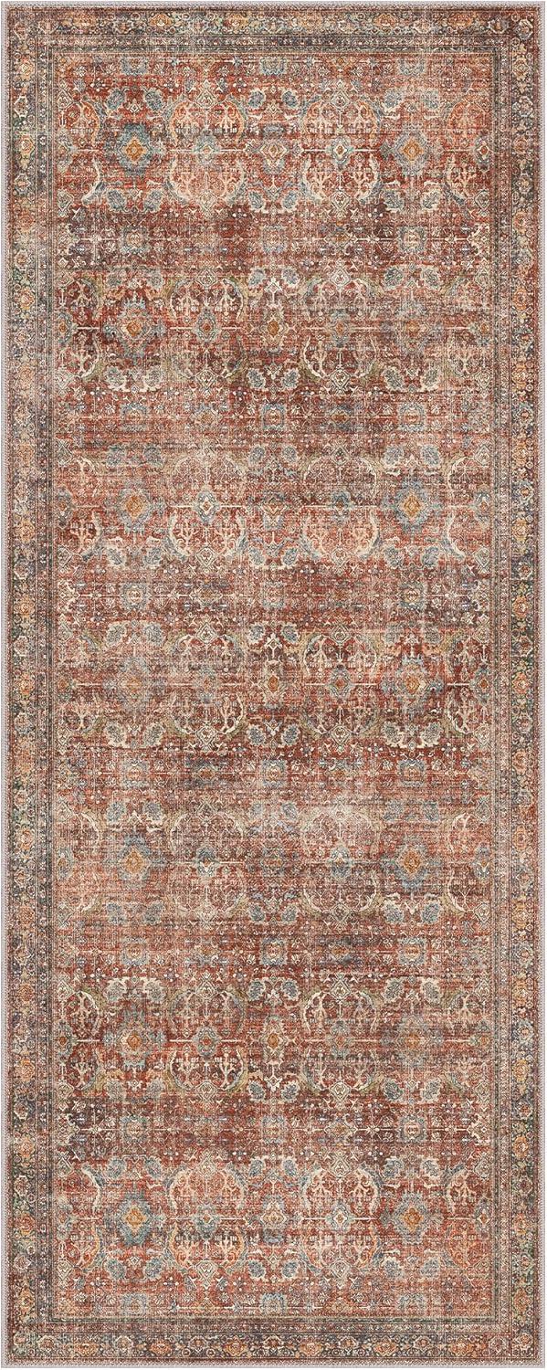 imageGENIMO 8x10 Area Rugs for Living Room Machine Washable Non Slip Rugs Low Pile Lightweight Vintage Print Rug for Bedroom Dining Room Home Office Distressed BlueGreyTerracotta Indigo