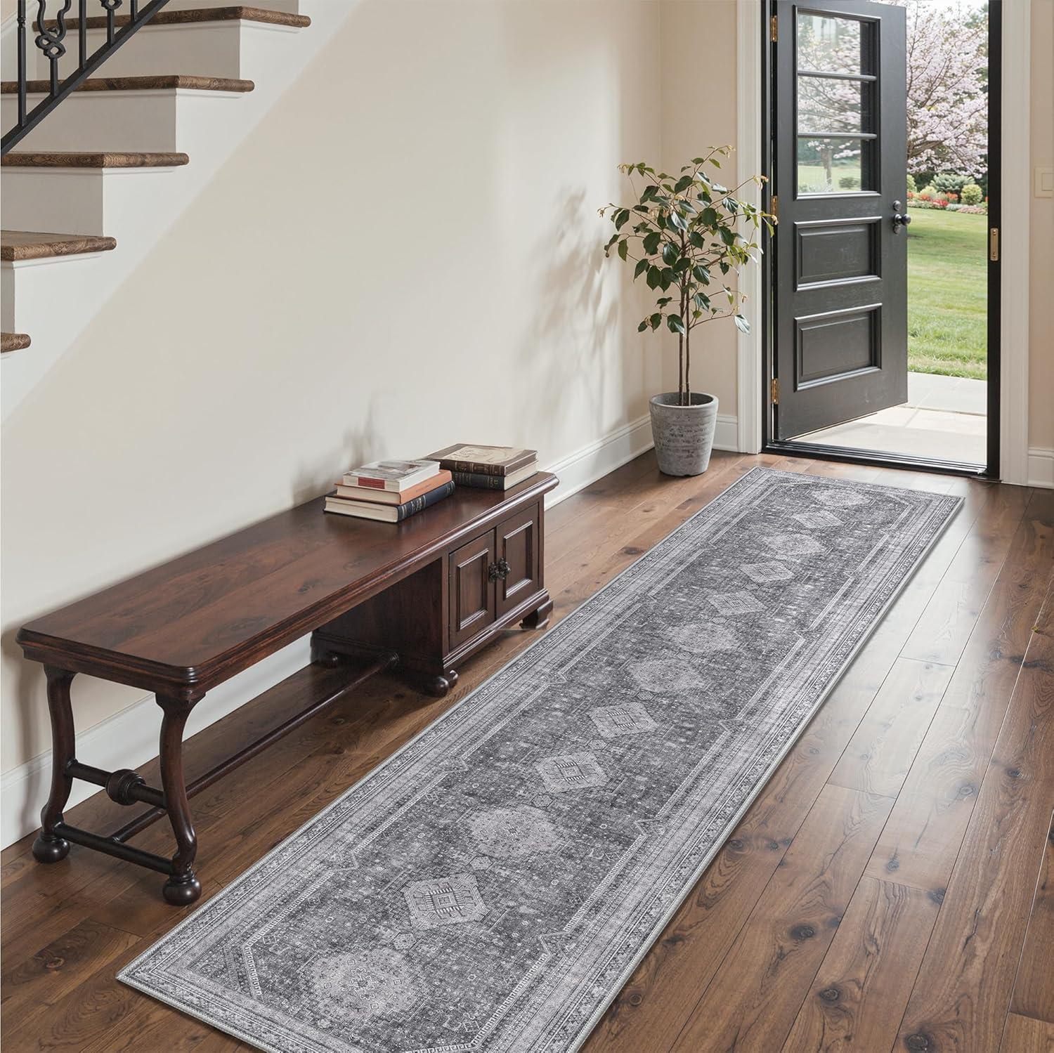 imageGENIMO 8x10 Area Rugs for Living Room Machine Washable Non Slip Rugs Low Pile Lightweight Vintage Print Rug for Bedroom Dining Room Home Office Distressed BlueGreyArea Vintage Grey