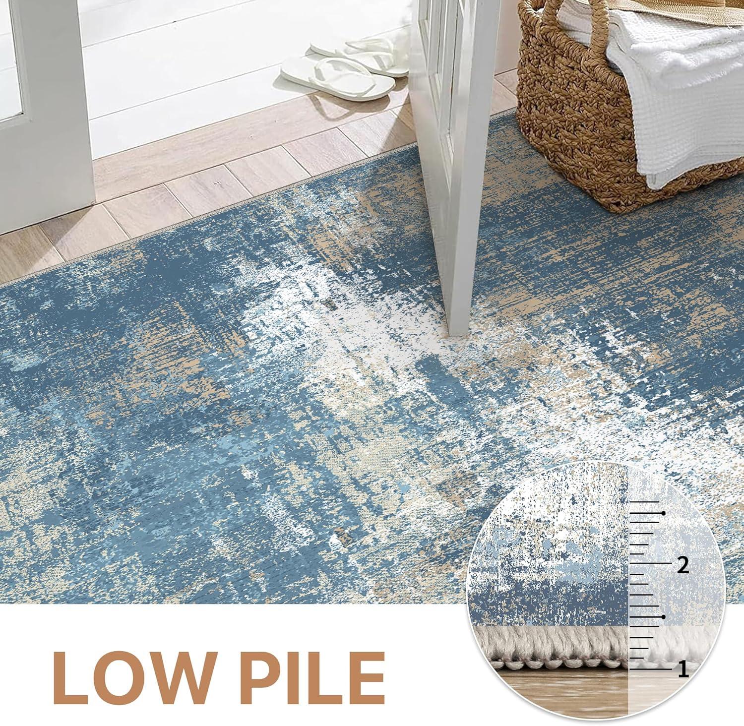 imageGENIMO 8x10 Area Rugs for Living Room Machine Washable Non Slip Rugs Low Pile Lightweight Vintage Print Rug for Bedroom Dining Room Home Office Distressed BlueGreyWashed Mist Blue