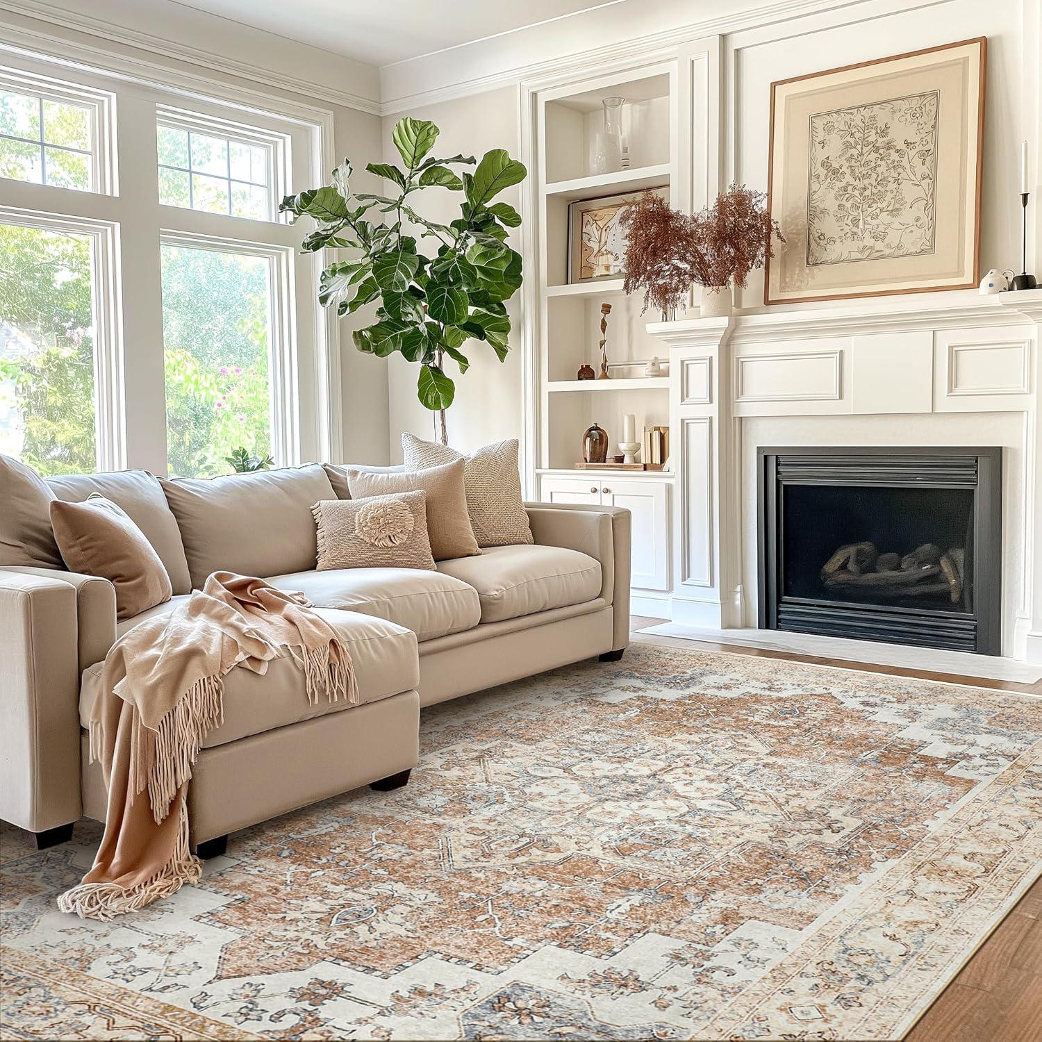 imageGENIMO 8x10 Area Rugs for Living Room Machine Washable Non Slip Rugs Low Pile Lightweight Vintage Print Rug for Bedroom Dining Room Home Office Distressed BlueGreyOrangebeige