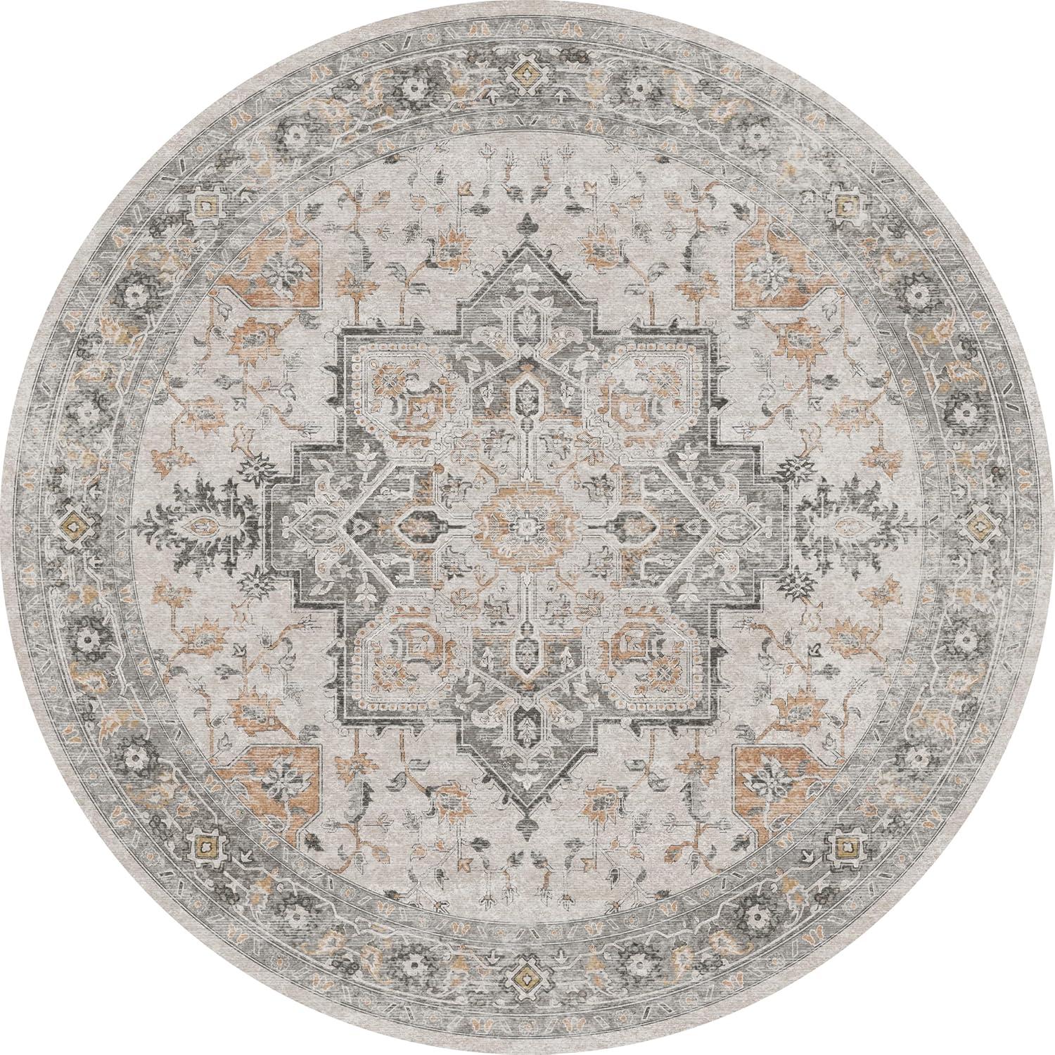 imageGENIMO 8x10 Area Rugs for Living Room Machine Washable Non Slip Rugs Low Pile Lightweight Vintage Print Rug for Bedroom Dining Room Home Office Distressed BlueGreyTaupe