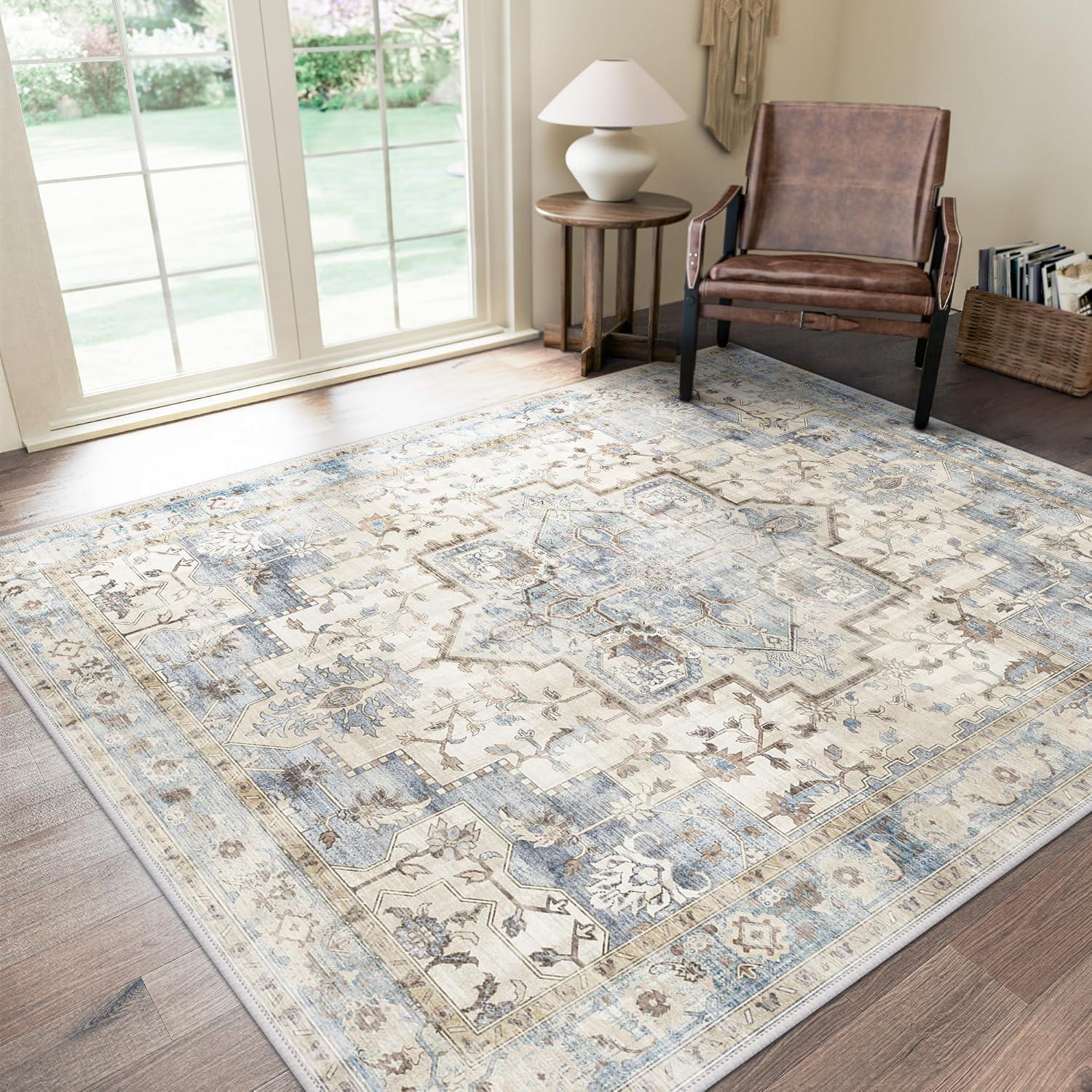 imageGENIMO 8x10 Area Rugs for Living Room Machine Washable Non Slip Rugs Low Pile Lightweight Vintage Print Rug for Bedroom Dining Room Home Office Distressed BlueGreyMint Sage