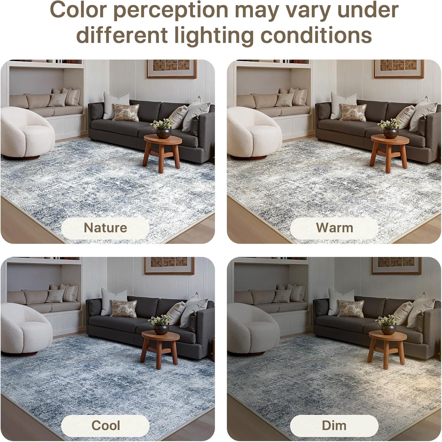 imageGENIMO 8x10 Area Rugs for Living Room Machine Washable Non Slip Rugs Low Pile Lightweight Vintage Print Rug for Bedroom Dining Room Home Office Distressed BlueGreyWashed Light Denim Blue