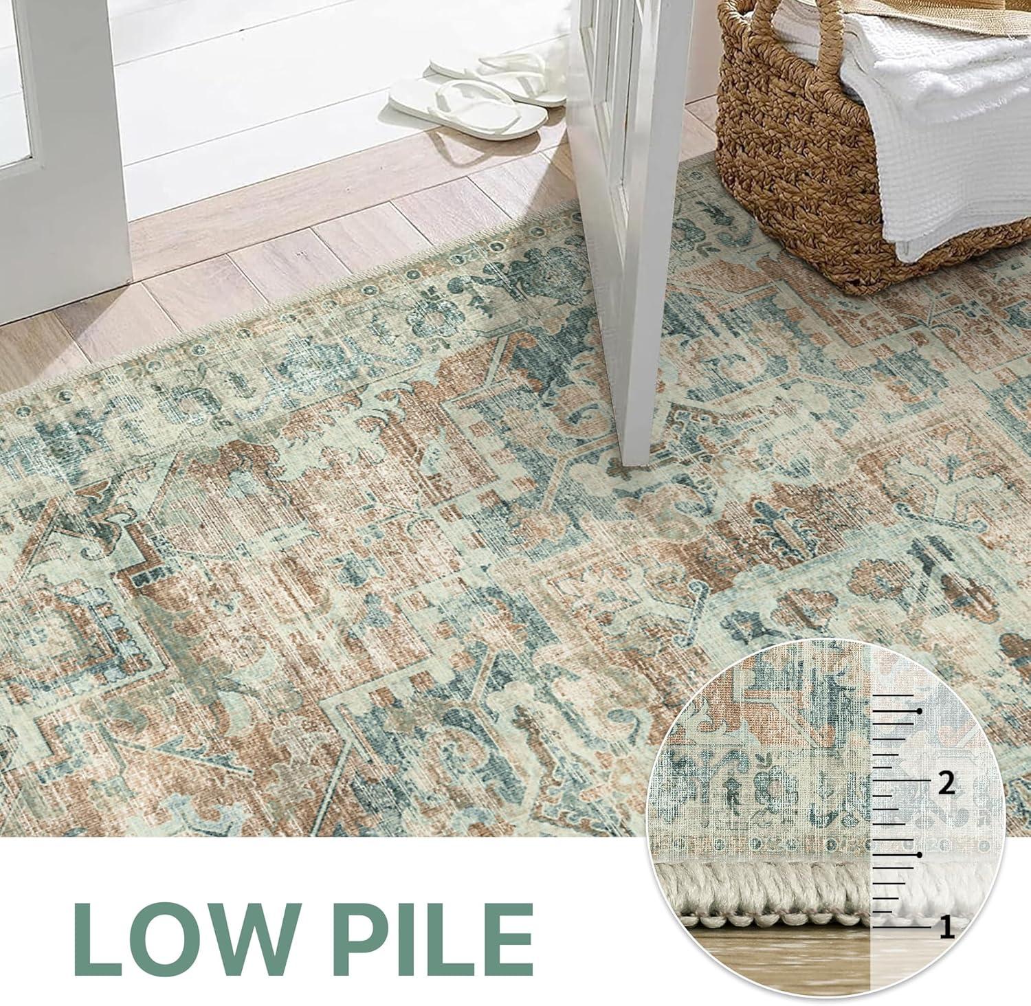 imageGENIMO 8x10 Area Rugs for Living Room Machine Washable Non Slip Rugs Low Pile Lightweight Vintage Print Rug for Bedroom Dining Room Home Office Distressed BlueGreyLight Brown Pink