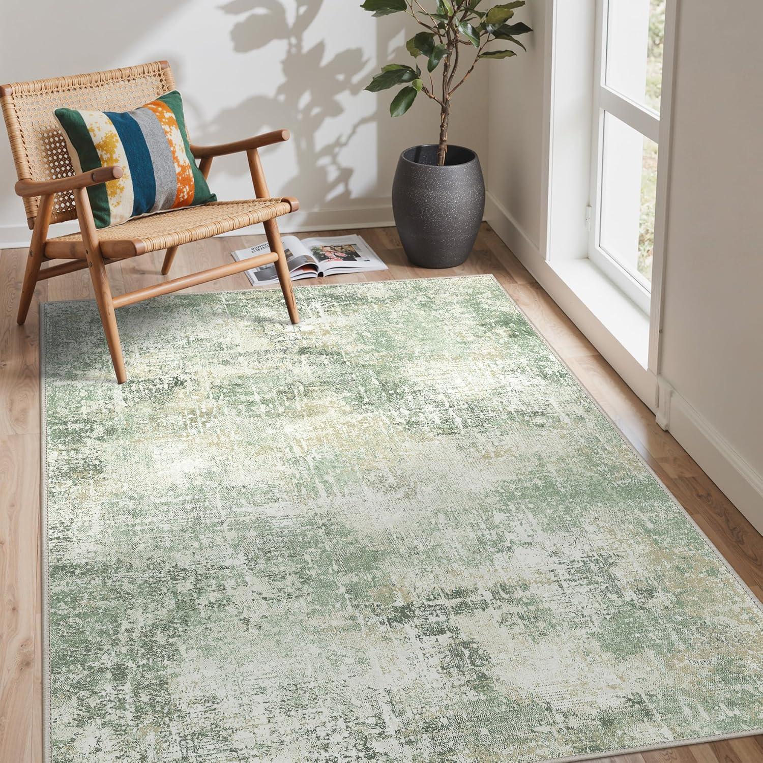 imageGENIMO 8x10 Area Rugs for Living Room Machine Washable Non Slip Rugs Low Pile Lightweight Vintage Print Rug for Bedroom Dining Room Home Office Distressed BlueGreyIce Cream Green
