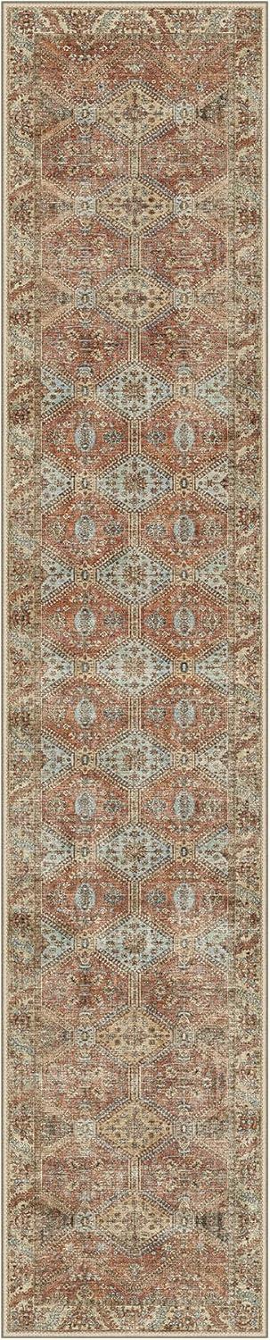 imageGENIMO 8x10 Area Rugs for Living Room Machine Washable Non Slip Rugs Low Pile Lightweight Vintage Print Rug for Bedroom Dining Room Home Office Distressed BlueGreyVintage Brick Red