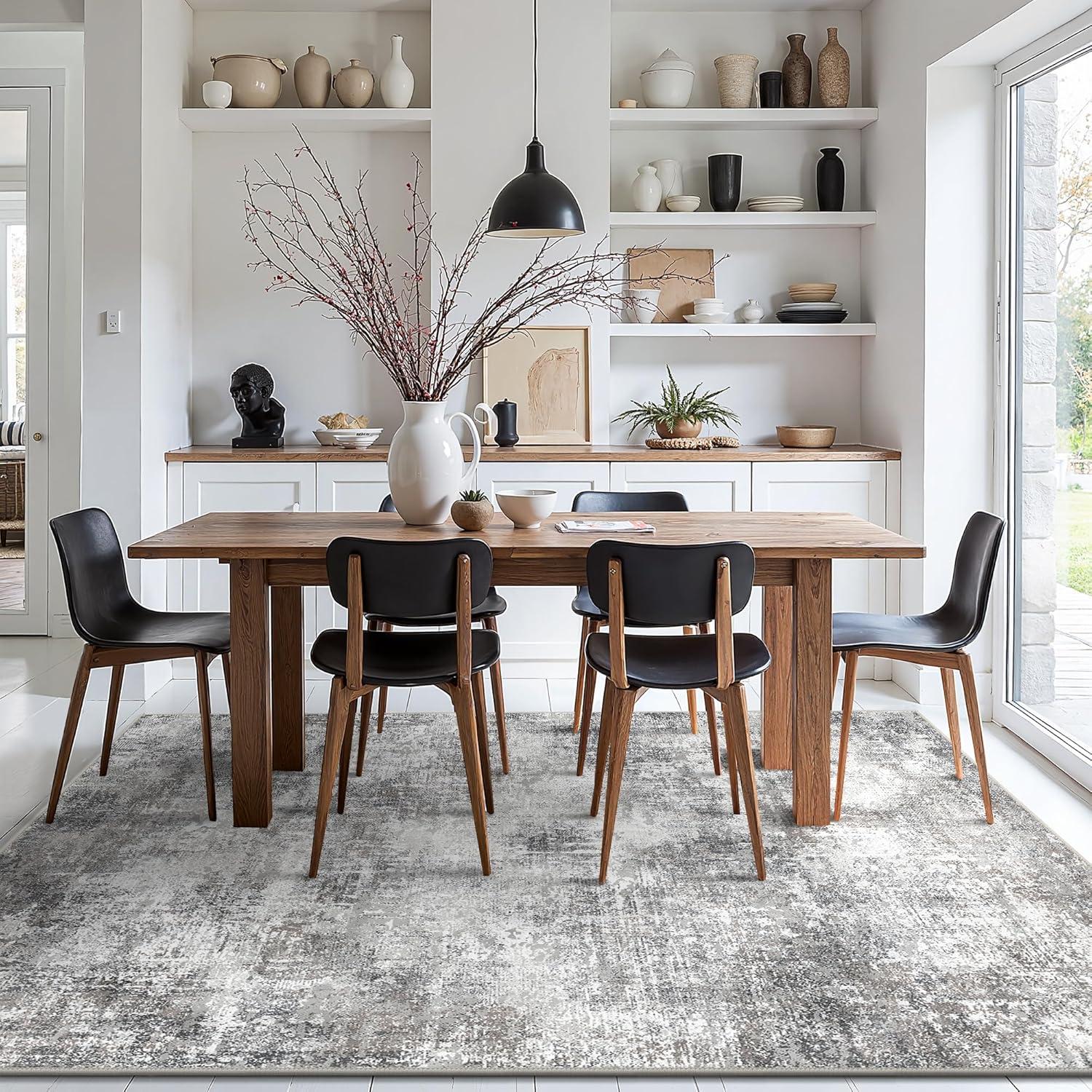 imageGENIMO 8x10 Area Rugs for Living Room Machine Washable Non Slip Rugs Low Pile Lightweight Vintage Print Rug for Bedroom Dining Room Home Office Distressed BlueGreyGrey White
