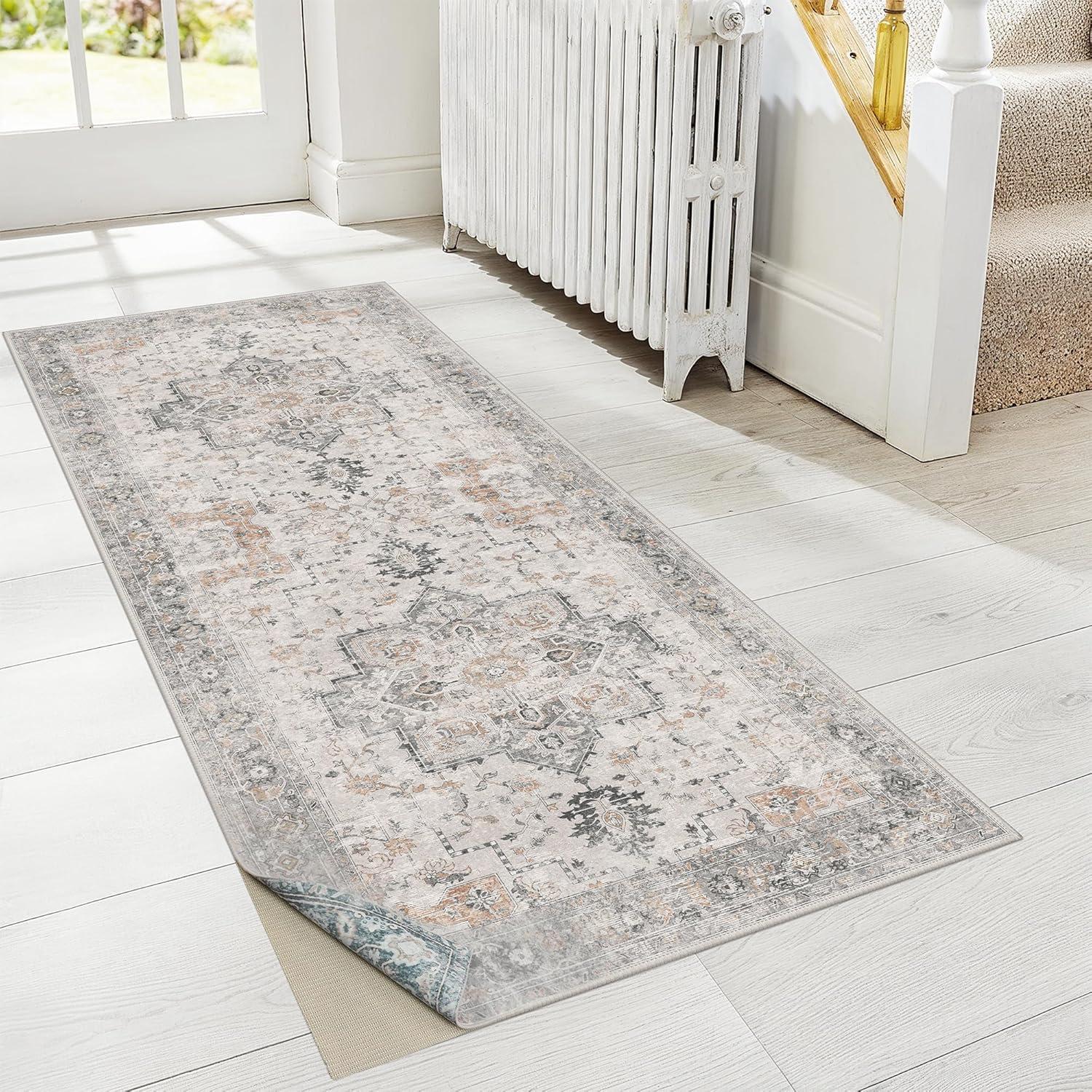 imageGENIMO 8x10 Area Rugs for Living Room Machine Washable Non Slip Rugs Low Pile Lightweight Vintage Print Rug for Bedroom Dining Room Home Office Distressed BlueGreyTaupeblue