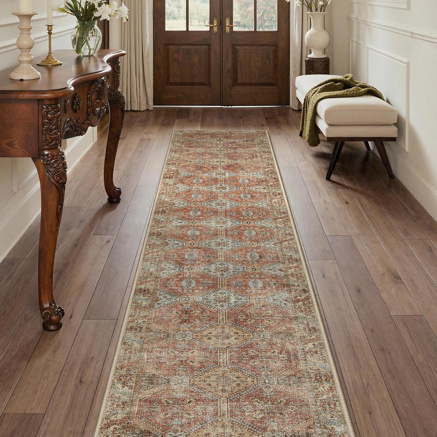 imageGENIMO 8x10 Area Rugs for Living Room Machine Washable Non Slip Rugs Low Pile Lightweight Vintage Print Rug for Bedroom Dining Room Home Office Distressed BlueGreyVintage Brick Red