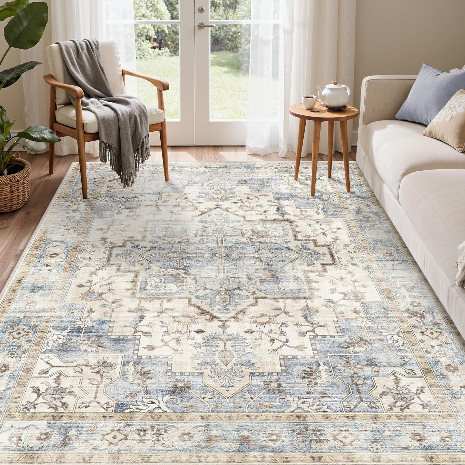 imageGENIMO 8x10 Area Rugs for Living Room Machine Washable Non Slip Rugs Low Pile Lightweight Vintage Print Rug for Bedroom Dining Room Home Office Distressed BlueGreyMint Sage