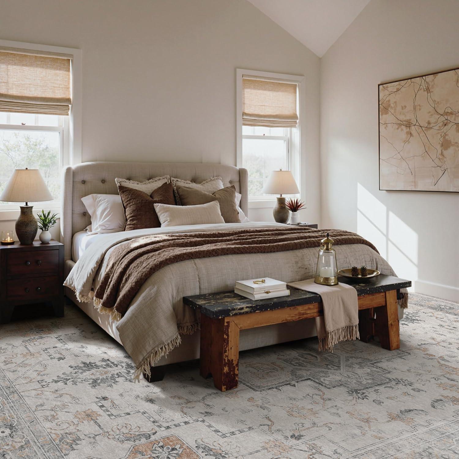 imageGENIMO 8x10 Area Rugs for Living Room Machine Washable Non Slip Rugs Low Pile Lightweight Vintage Print Rug for Bedroom Dining Room Home Office Distressed BlueGreyTaupe