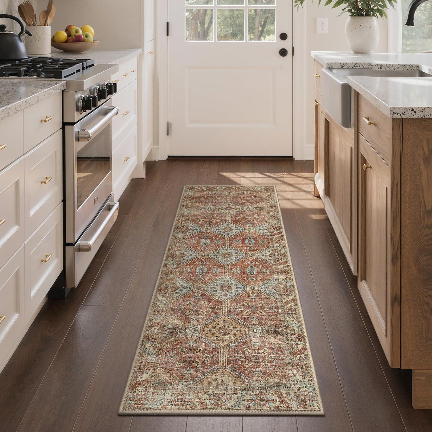 imageGENIMO 8x10 Area Rugs for Living Room Machine Washable Non Slip Rugs Low Pile Lightweight Vintage Print Rug for Bedroom Dining Room Home Office Distressed BlueGreyVintage Brick Red